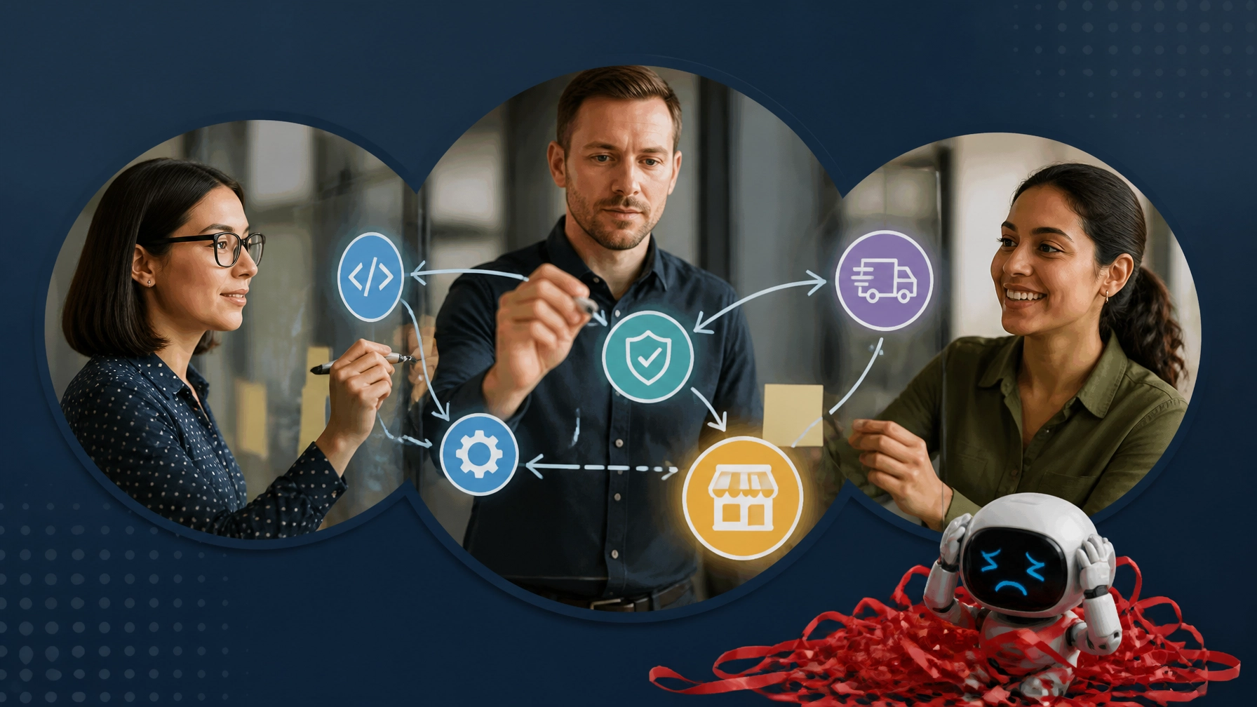 Manufacturing and logistics professionals consider a business ownership path while an AI workstation waits behind them