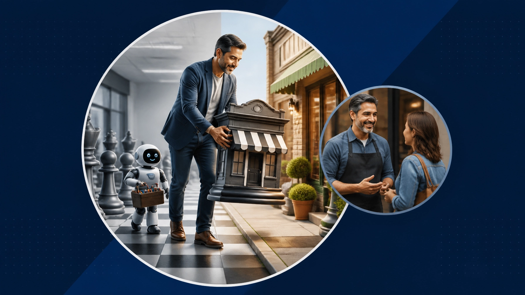 Professional moving a business storefront chess piece from a corporate office toward a neighborhood franchise while an AI robot carries a toolbox