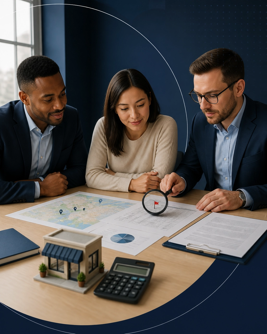 Prospective franchise owners reviewing a market map, financial documents, and a franchise disclosure document