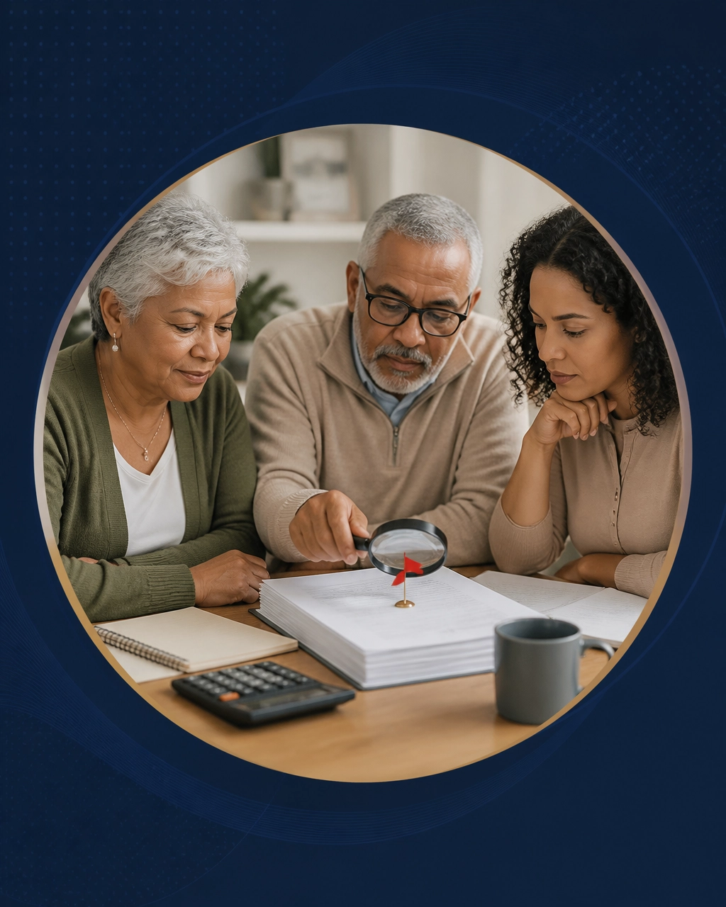 A family reviews a franchise disclosure document with a calculator and magnifying glass while examining a small red flag