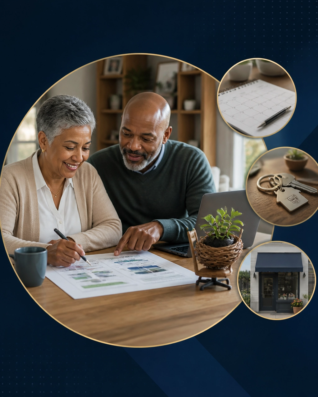 A mature couple reviews a franchise plan while an oversized empty nest becomes a tiny executive chair for a houseplant wearing reading glasses
