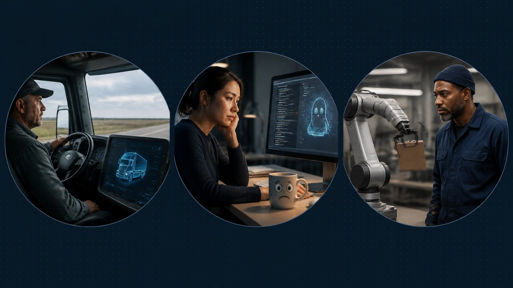 Three circular scenes showing automation pressure across trucking, software development, and manufacturing, with professionals assessing the changes