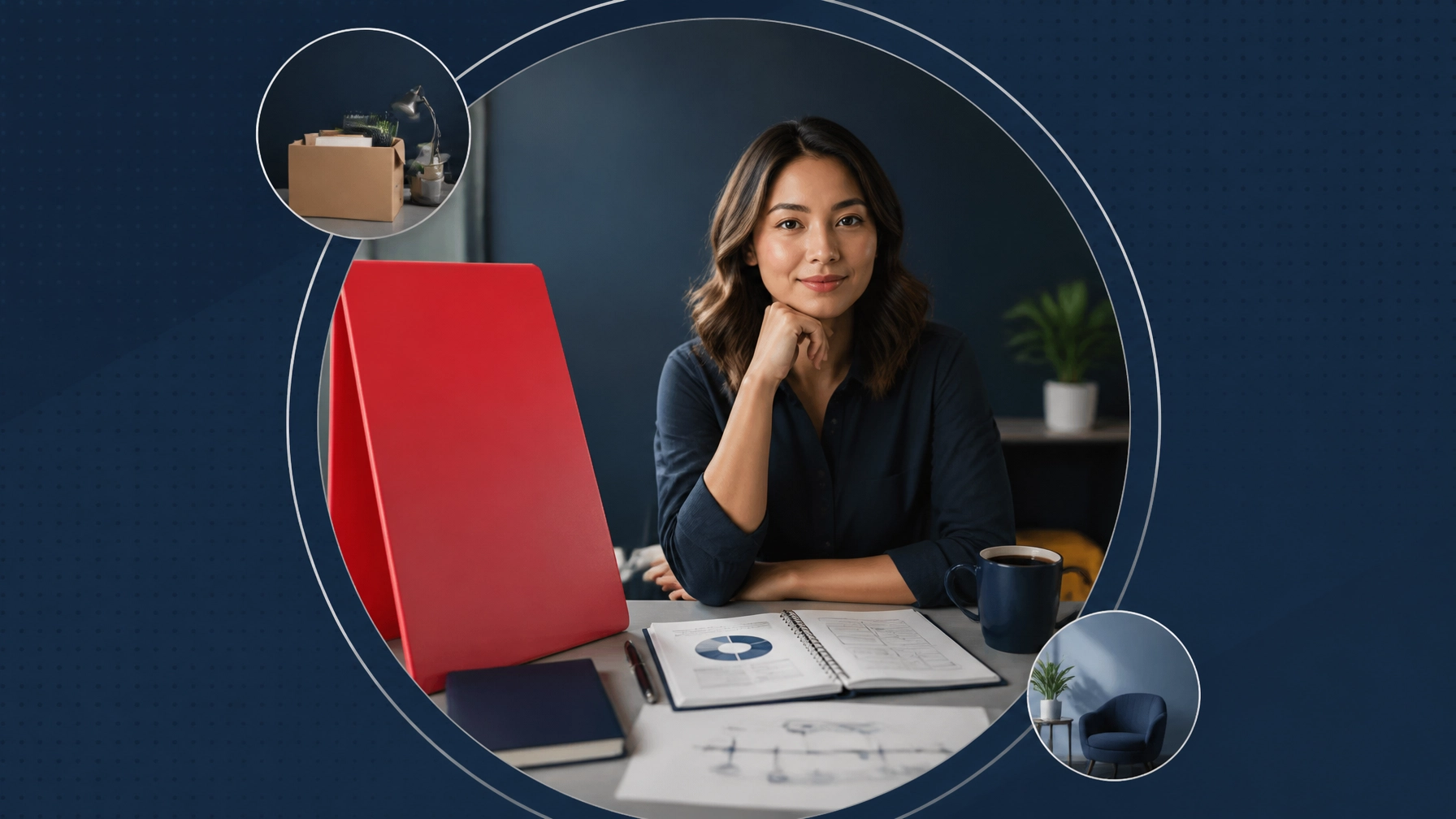 A professional turns a giant red office placard face-down while reviewing an organized franchise plan