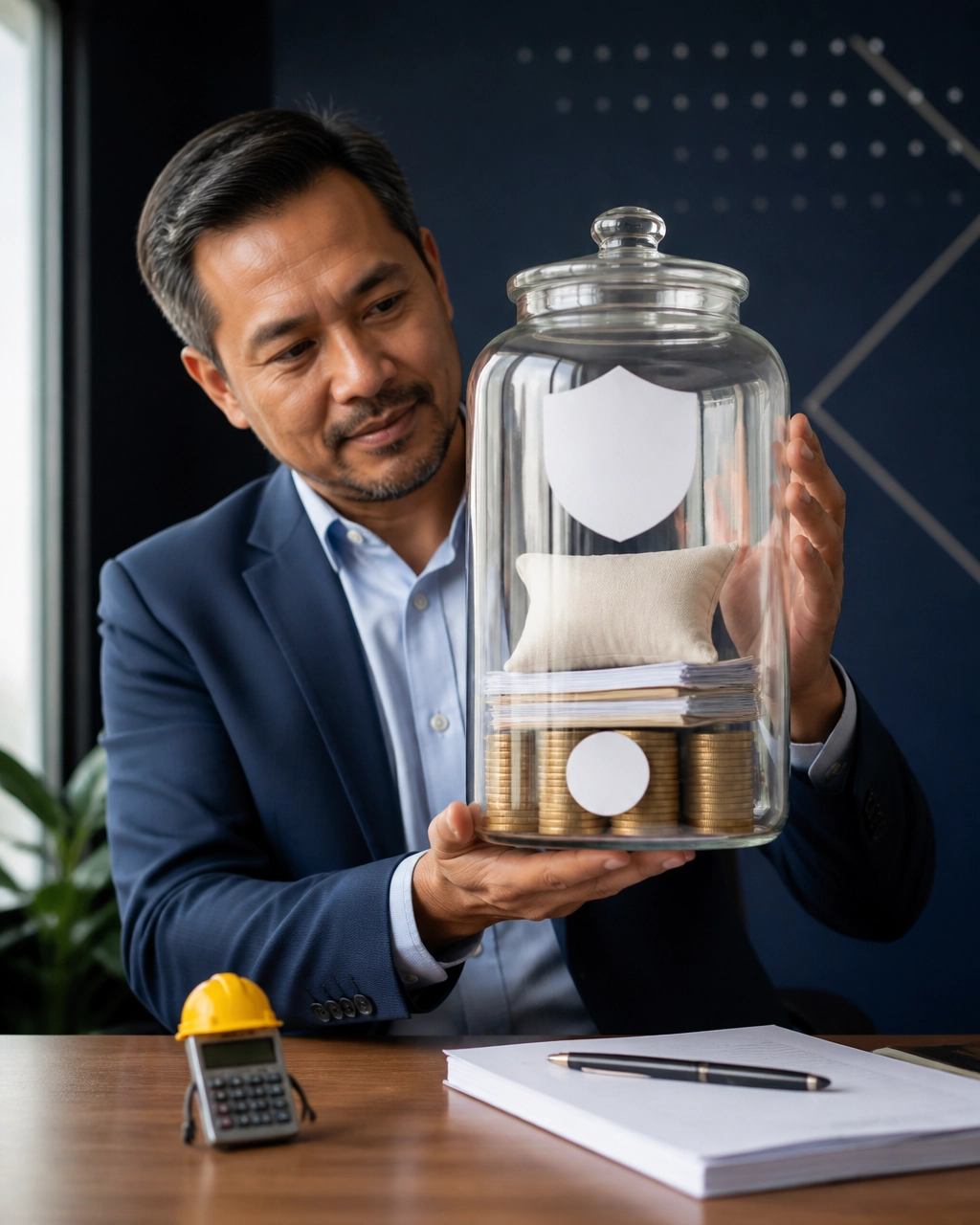 A professional entrepreneur studies a glass jar containing coins, business papers, and a small cushion while a calculator wears a tiny hard hat, illustrating working-capital planning