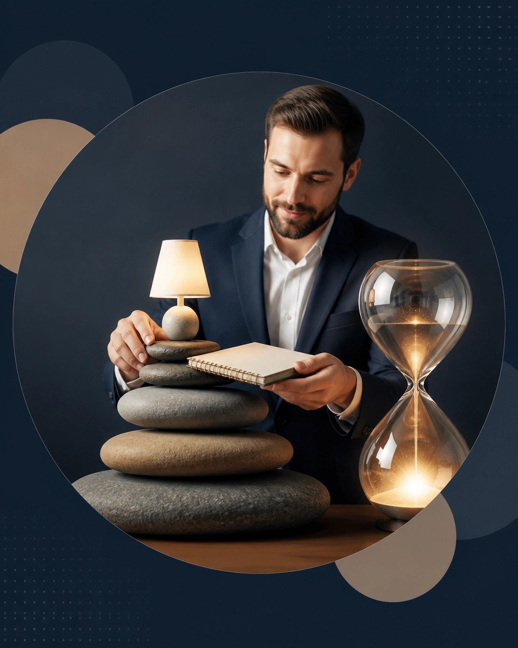 Businessperson arranging a glowing desk lamp and planner on stacked stones beside an hourglass, symbolizing patience and structure during grief