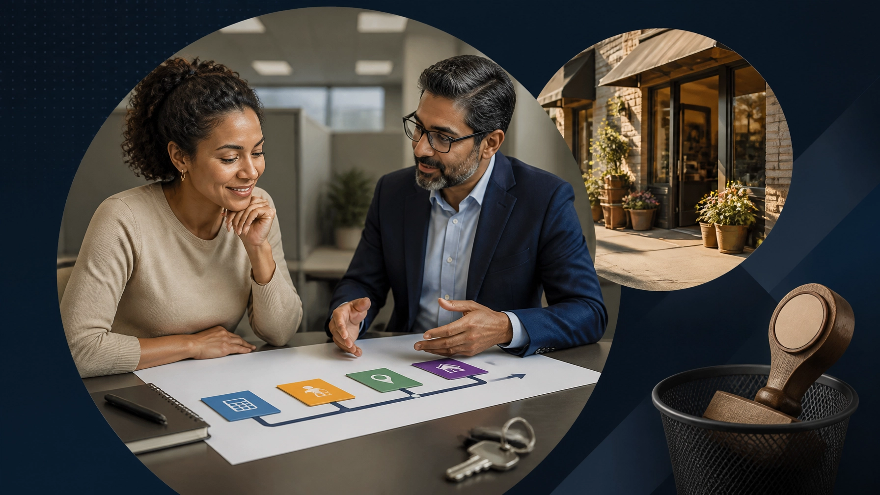 Prospective entrepreneur and franchise advisor reviewing a business roadmap that moves from a corporate cubicle toward local business ownership
