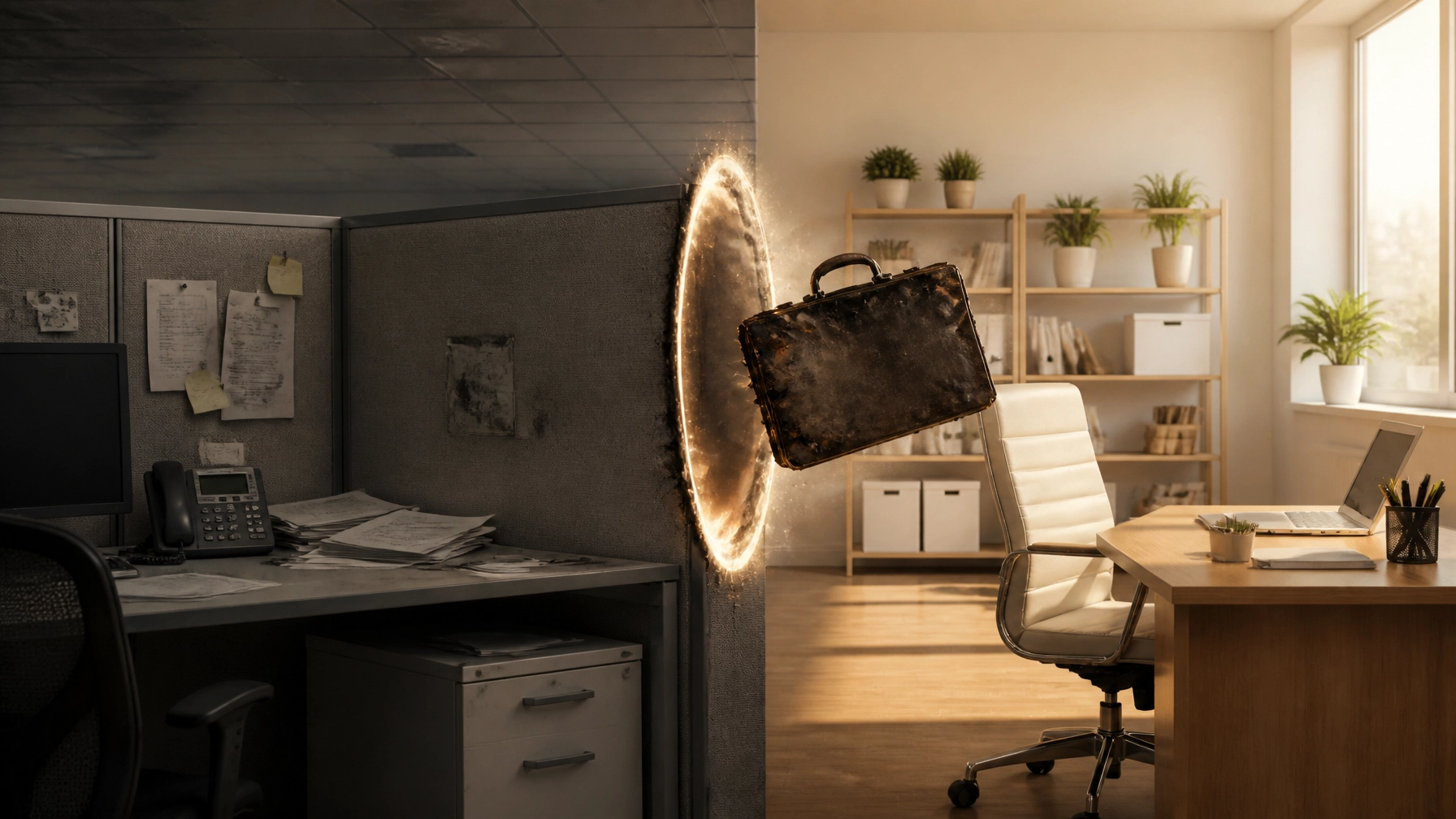 A burned-out briefcase gets ejected from a drab cubicle into a bright sunny workspace