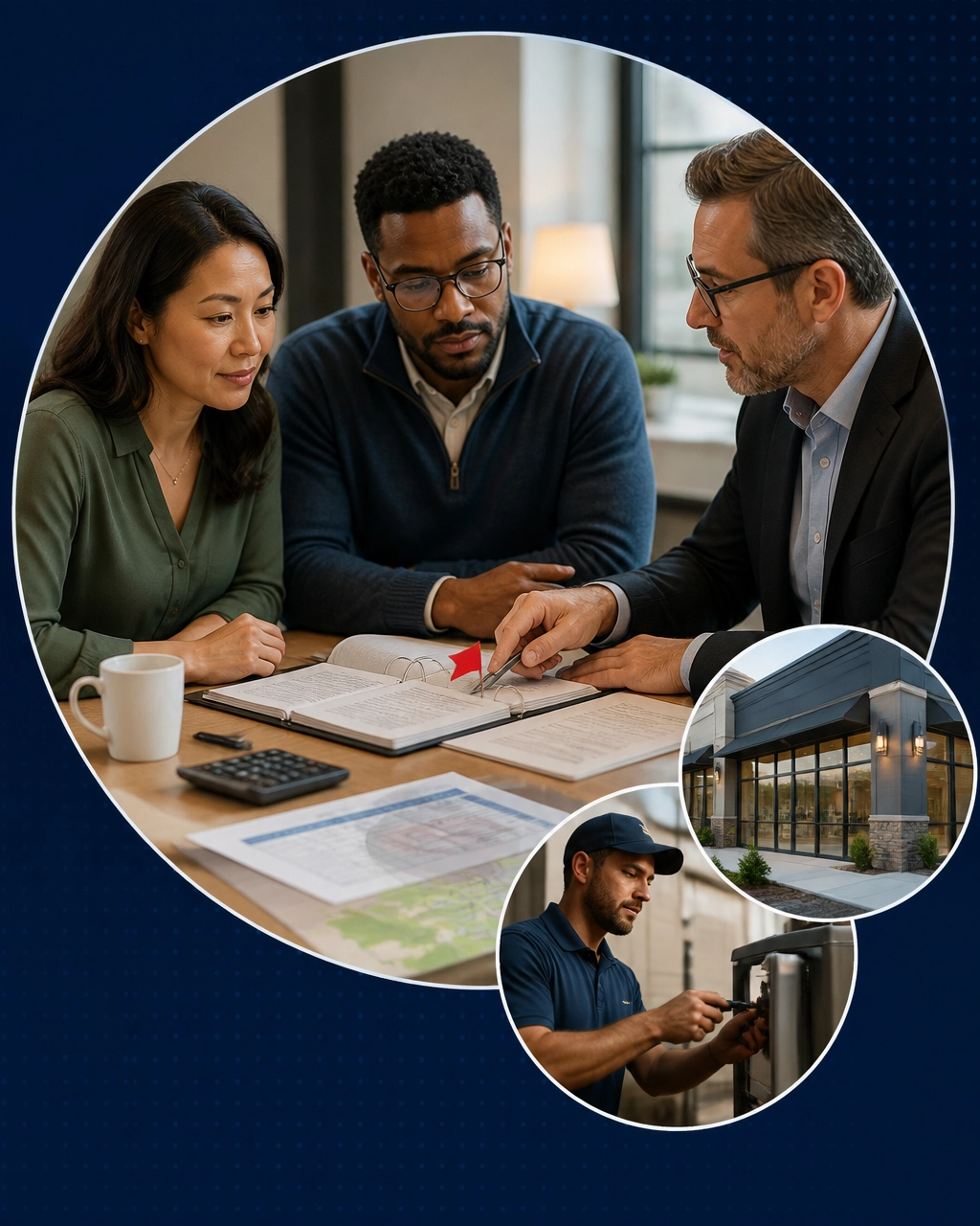 Prospective franchise owners review an FDD with a consultant while a small red flag highlights the need for careful due diligence