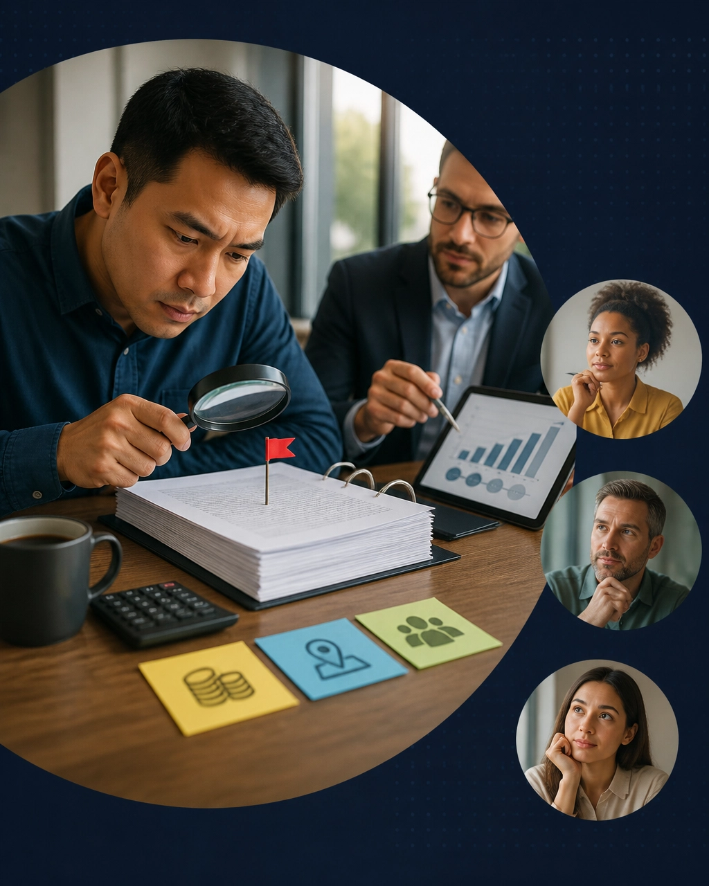 A prospective owner and advisor examine a franchise disclosure document with a magnifying glass and a small warning flag