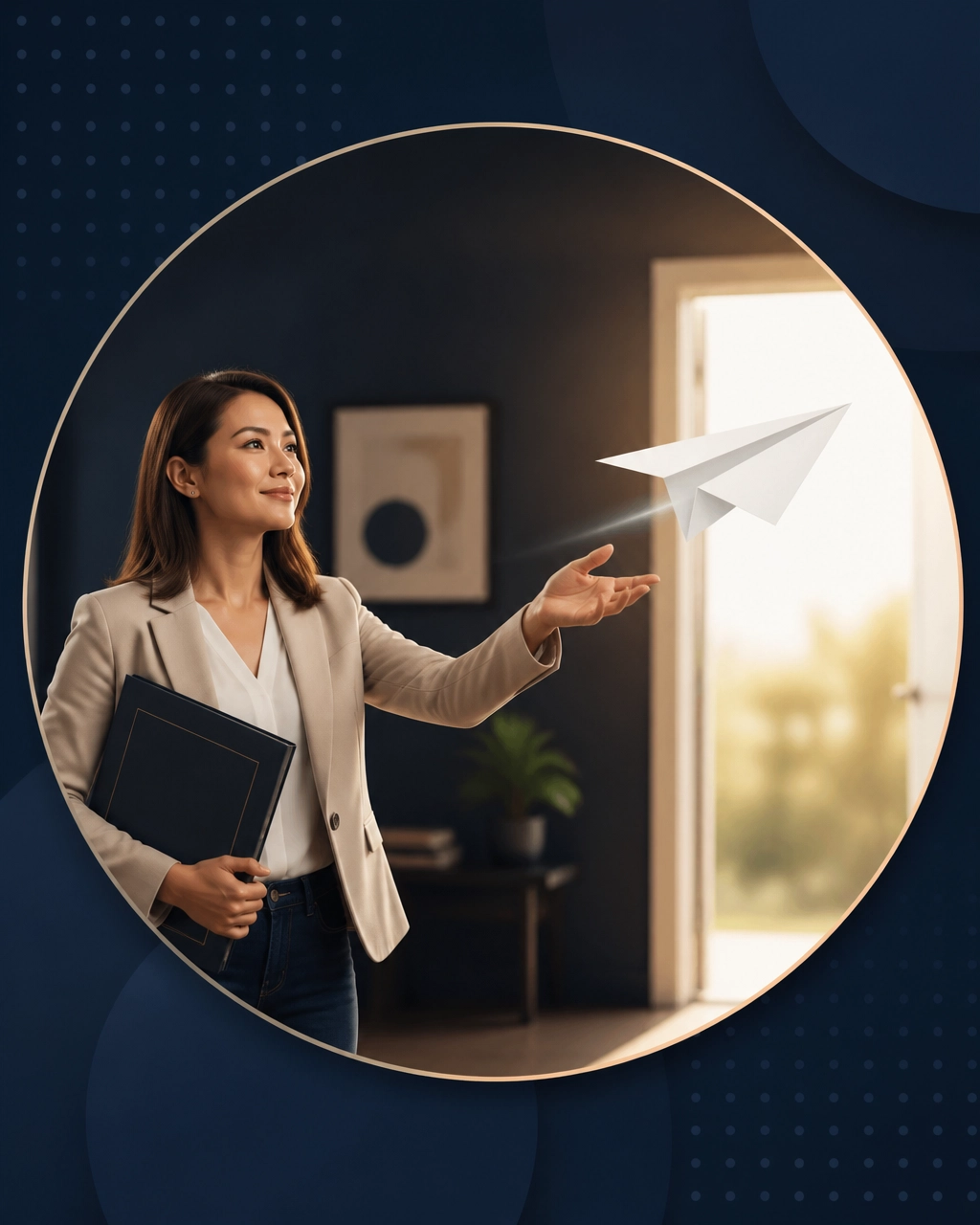 Professional woman launching a paper airplane made from a blank legal document toward an open doorway, symbolizing a fresh start after divorce