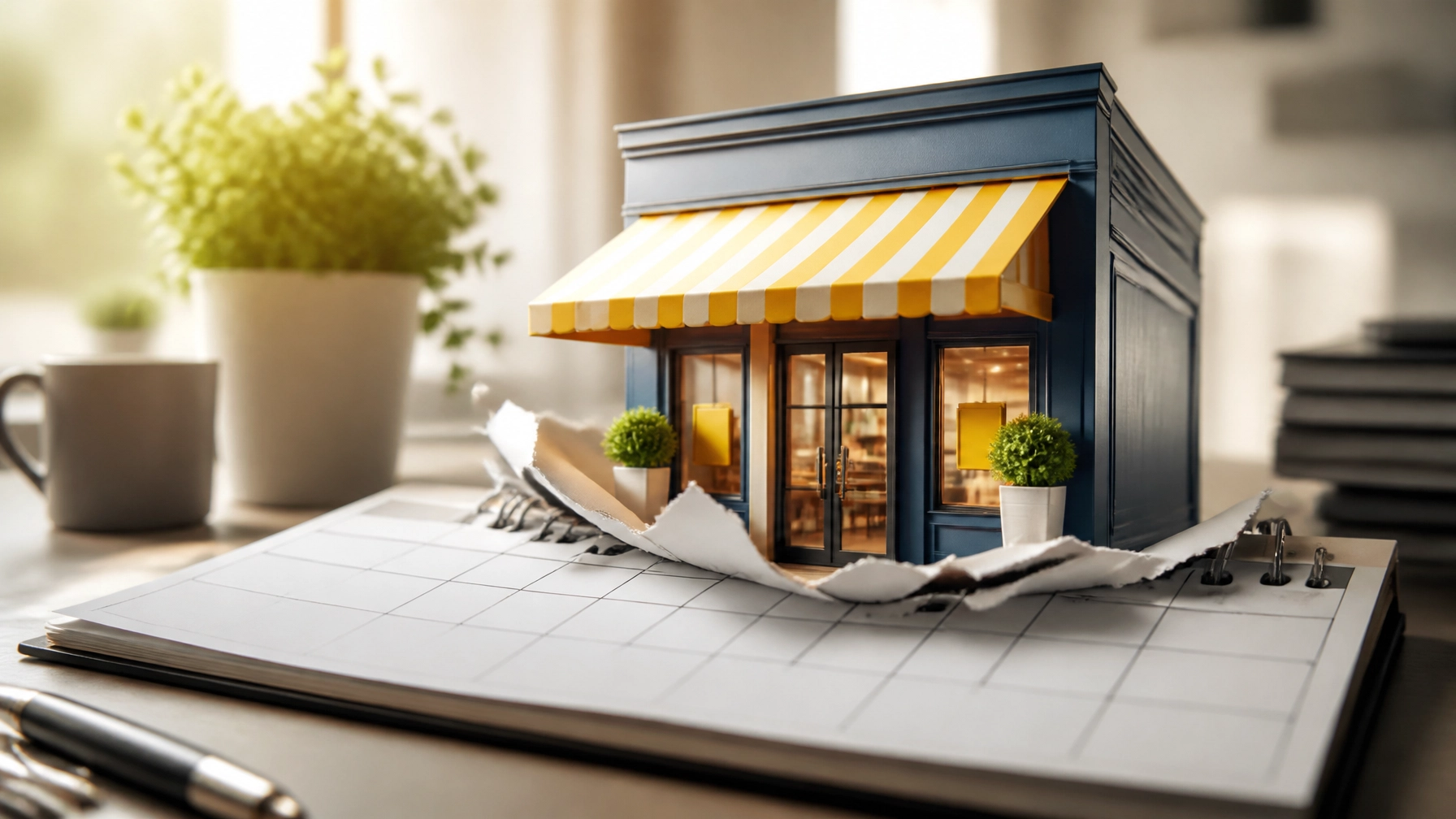 A fresh storefront rises out of a cracked calendar page on a desk