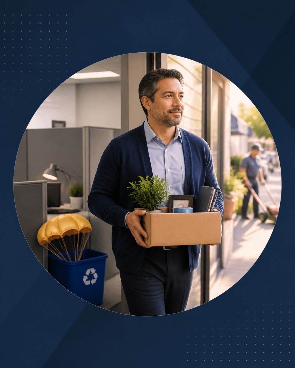 A professional man leaving an office with a small golden parachute headed for the recycling bin, symbolizing a new career direction after job loss