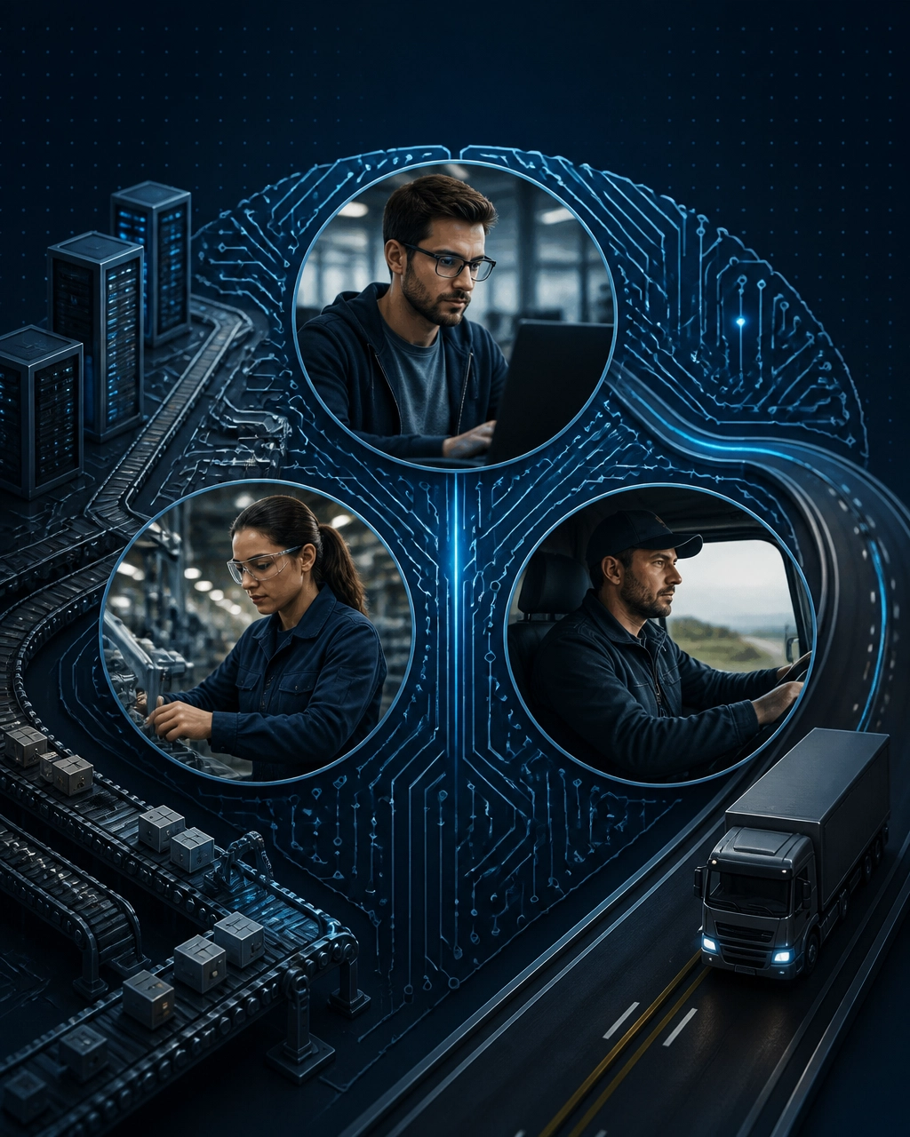 A circuit-board landscape connects a software developer, manufacturing technician, and truck driver as automation advances through each industry