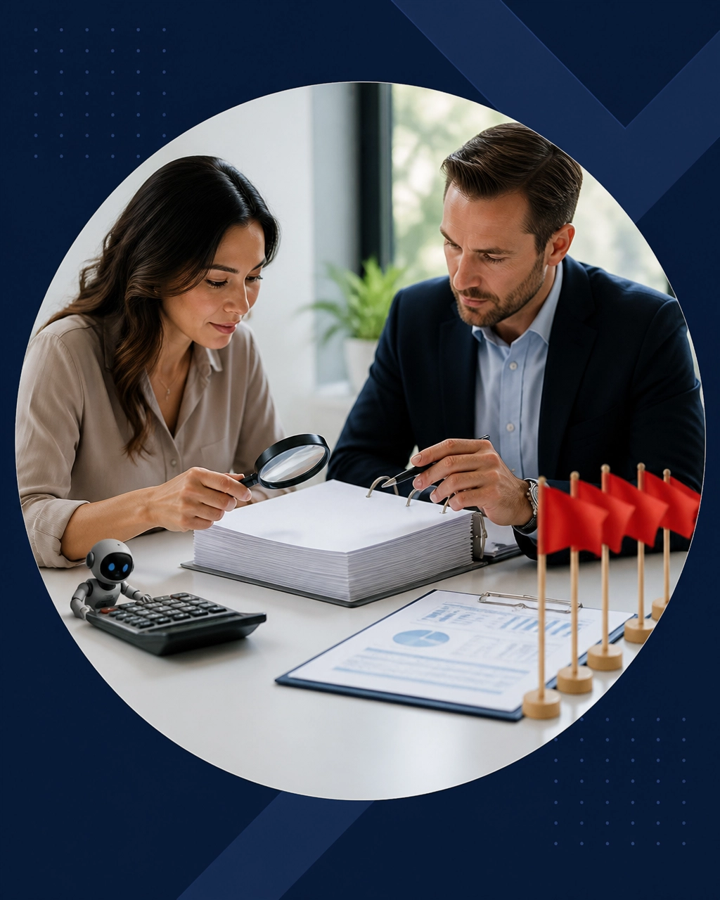A prospective franchise owner and advisor review an FDD, calculator, financial worksheet, and red flags while a small robot tries to peek at the numbers