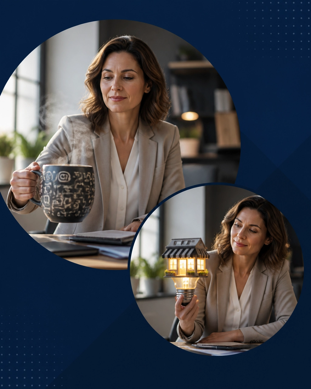 A professional woman replacing a steaming office coffee mug with a glowing storefront-shaped light bulb