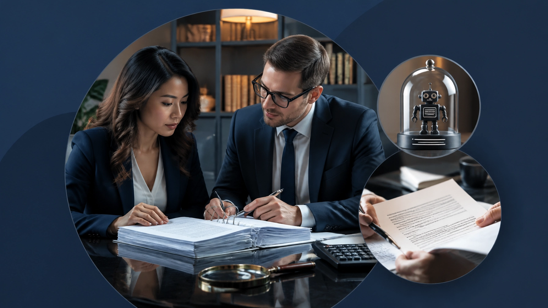 A prospective owner and advisors examine a Franchise Disclosure Document with financial records and a magnifying glass