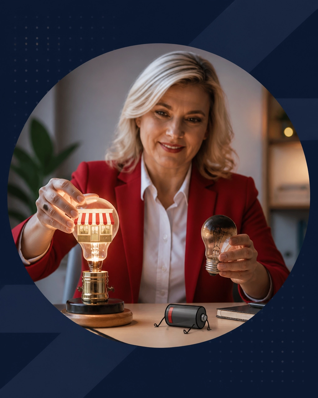 Professional woman replacing a burnt-out light bulb with a glowing storefront-shaped bulb while holding a new idea