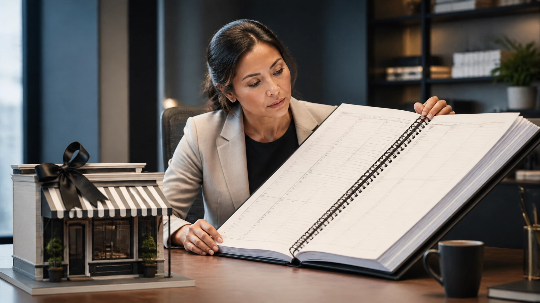 A thoughtful professional organizes an absurdly oversized daily planner beside a tiny storefront model with a tasteful black mourning ribbon, symbolizing patient rebuilding and a new routine after loss