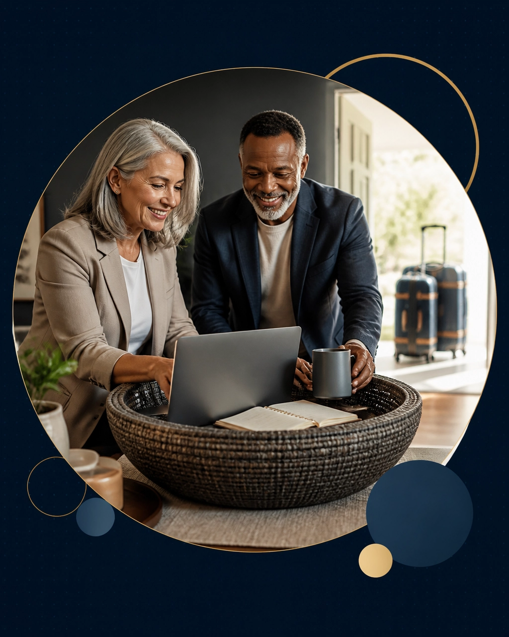 Mature couple reviewing a franchise plan on a laptop beside oversized suitcases, symbolizing a new chapter after empty nesting
