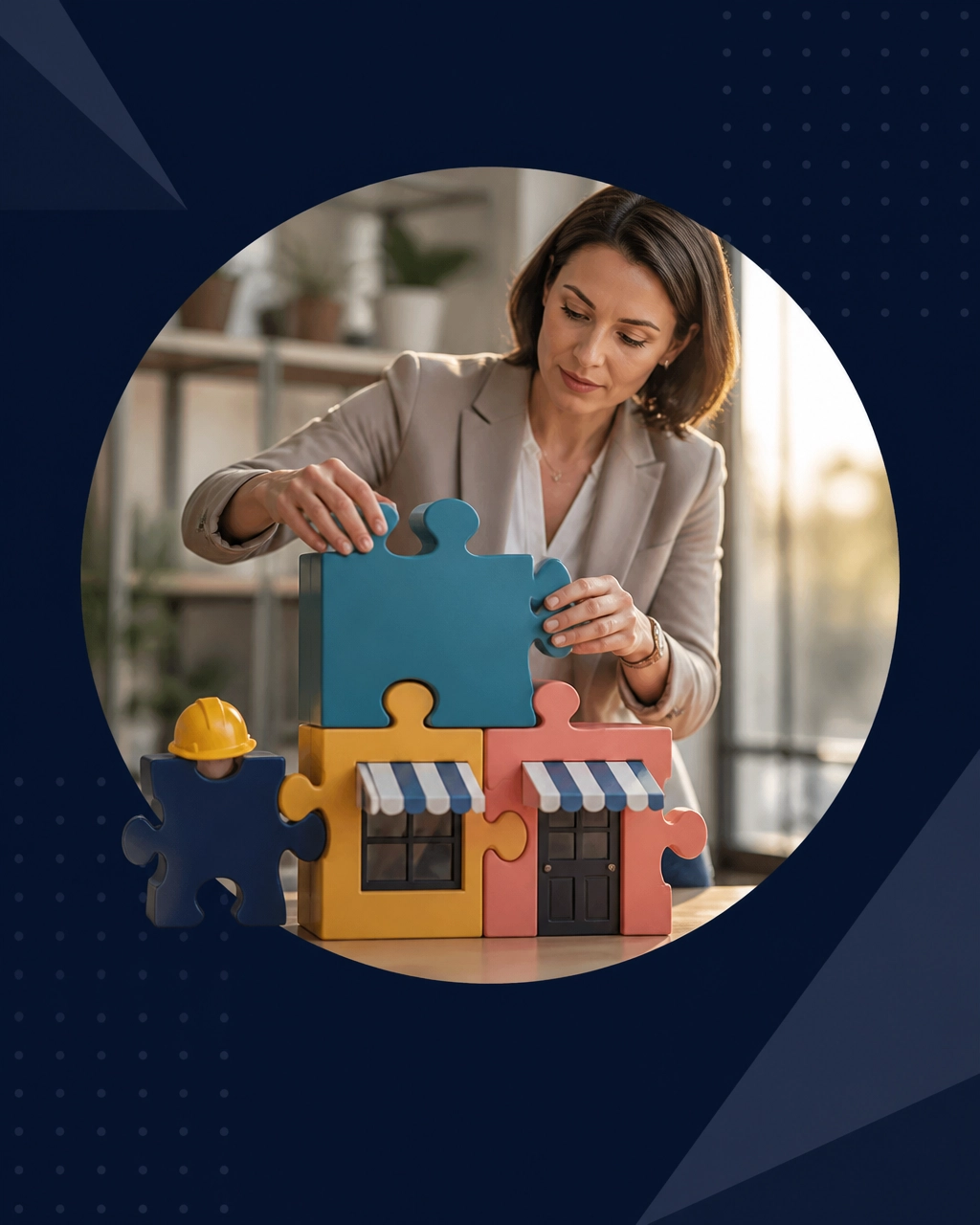 A professional woman assembling a colorful storefront from oversized puzzle pieces, including one piece wearing a tiny hard hat