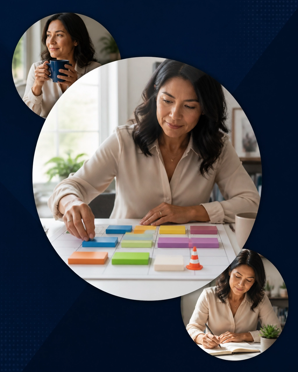 A professional woman arranges colorful calendar blocks into a balanced owner schedule, with a tiny traffic cone marking a rest block