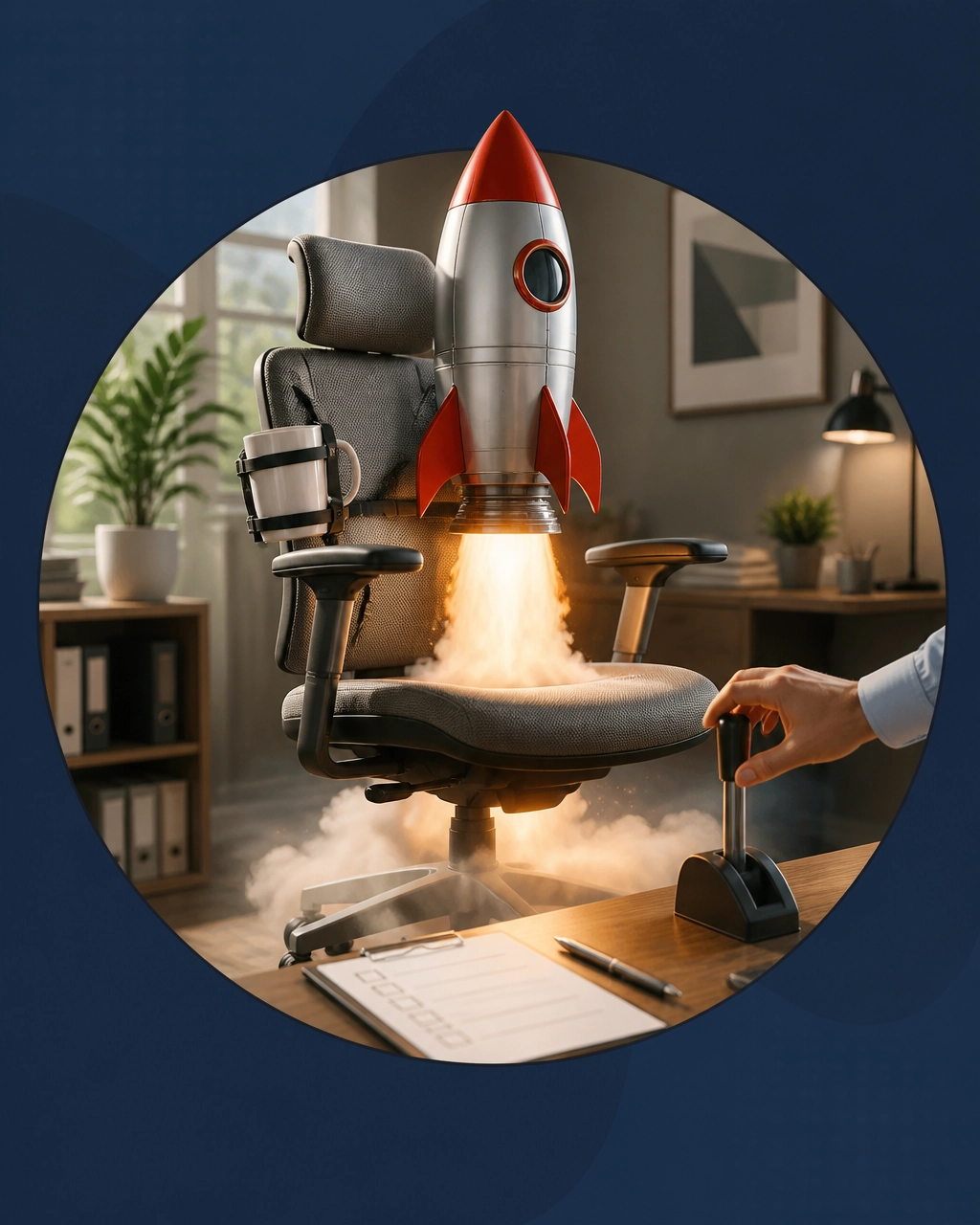 A polished rocket launches from an ergonomic desk chair while a coffee mug rides along as mission equipment