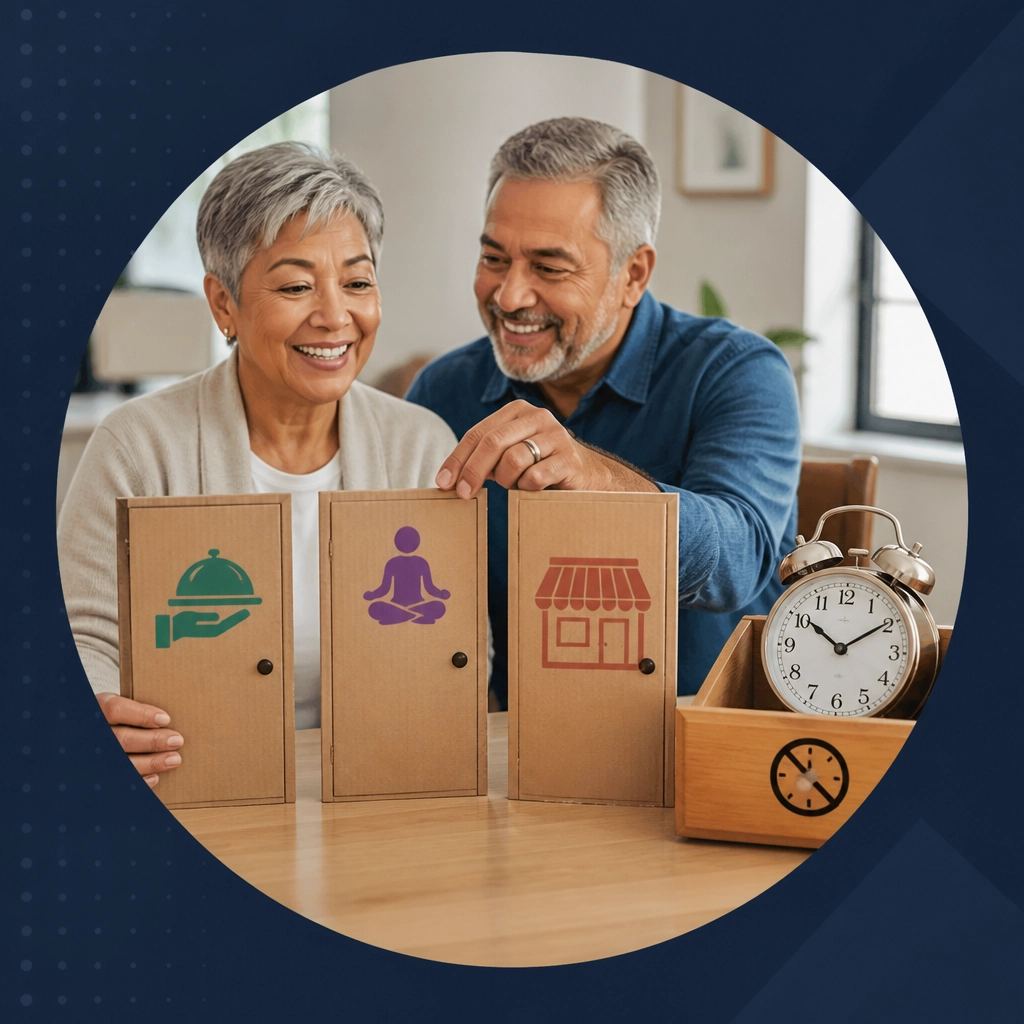 A retired couple choosing among humorous cardboard business doors while an alarm clock rests in a box marked with a crossed-out clock icon