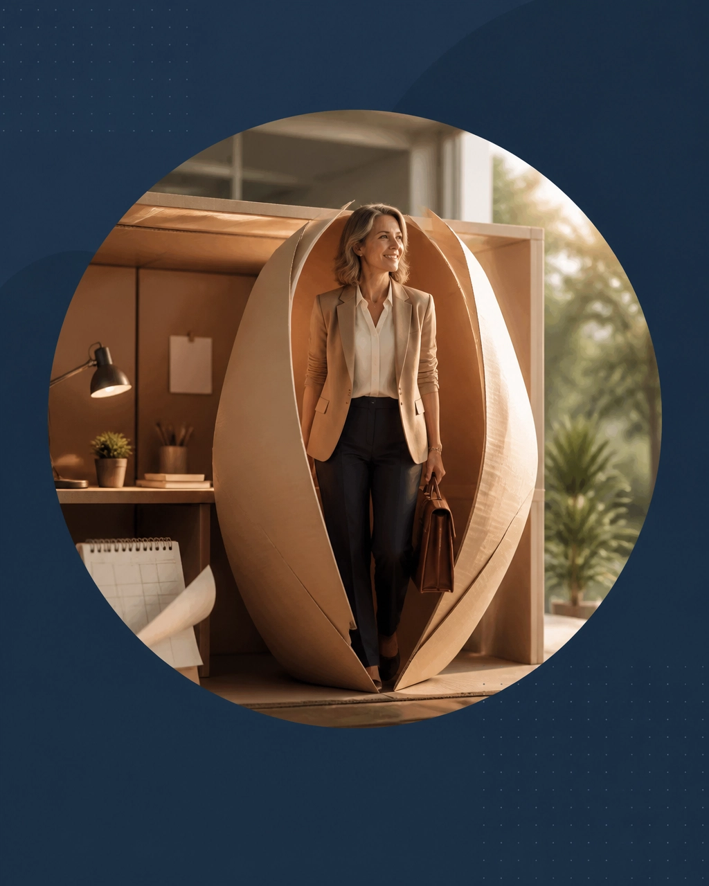 A professional woman steps confidently out of a cardboard office cocoon with a briefcase, symbolizing a fresh business chapter