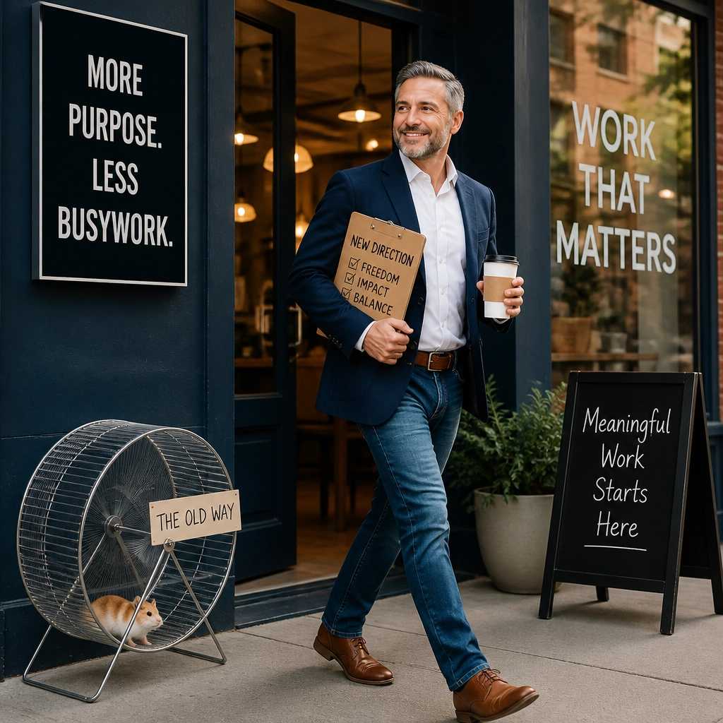 A mature entrepreneur walks away from a tiny hamster wheel toward a bright storefront with coffee and a clipboard, humorously symbolizing a healthier work direction