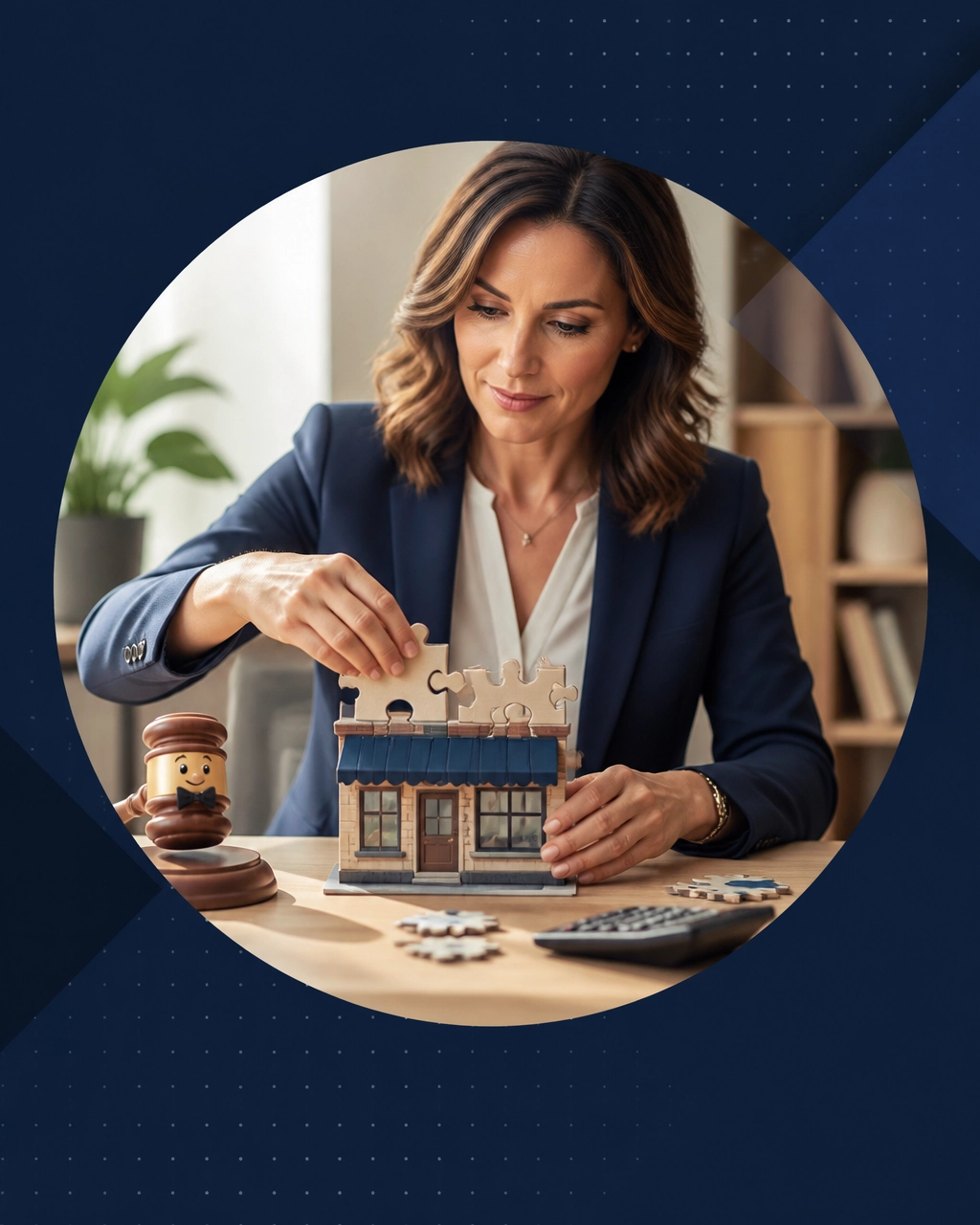 A professional woman assembles a small storefront from puzzle pieces while a tiny bow-tied gavel looks on, symbolizing rebuilding after divorce