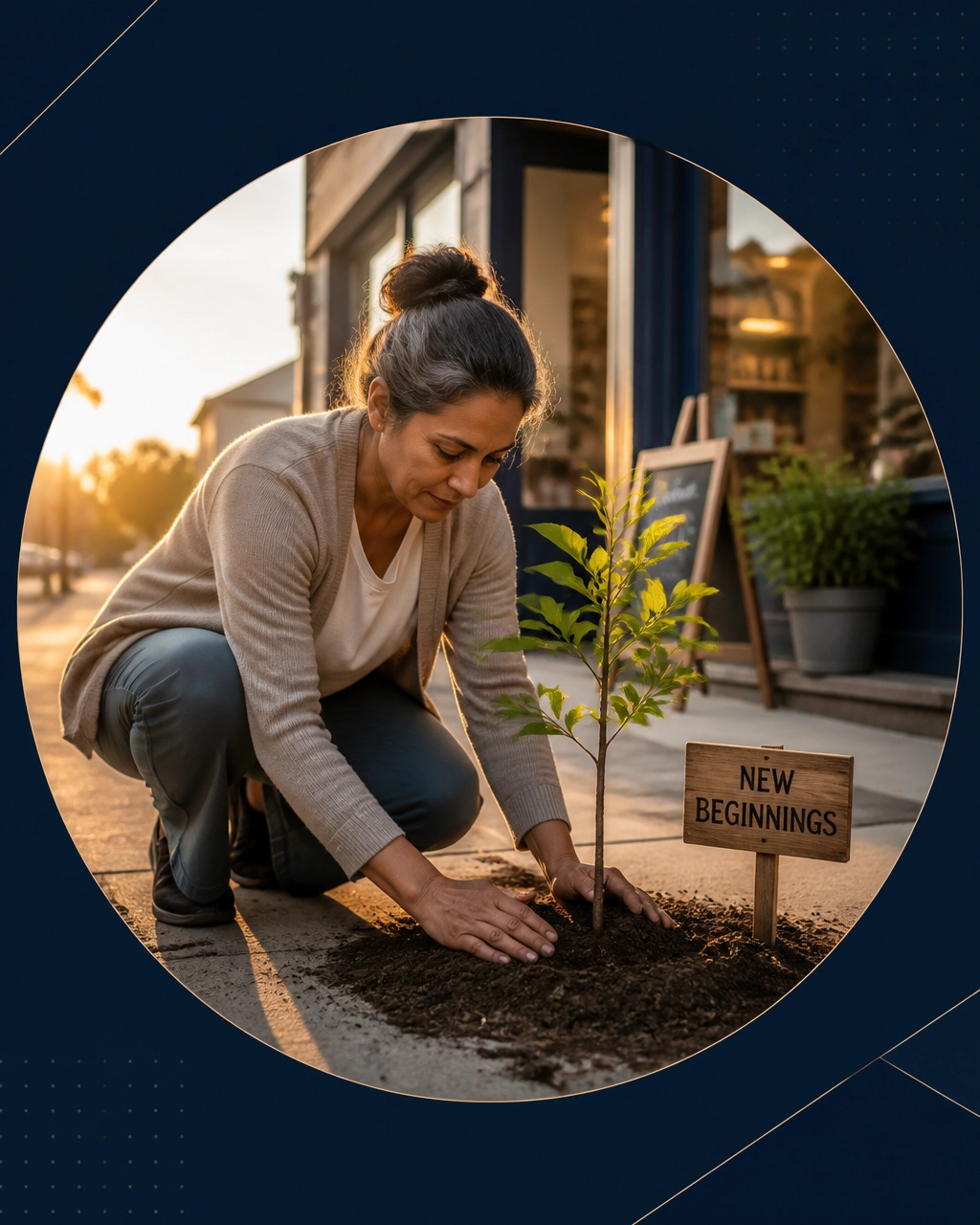 Person planting a sapling marked New Beginnings outside a neighborhood shop at sunrise