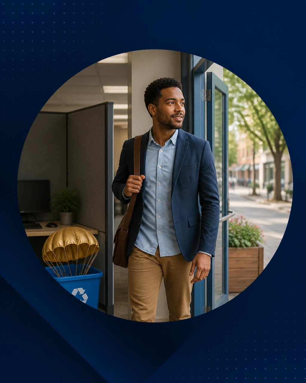 A professional man stepping out of an office cubicle toward a bright neighborhood storefront while a small golden parachute rests in a recycling bin