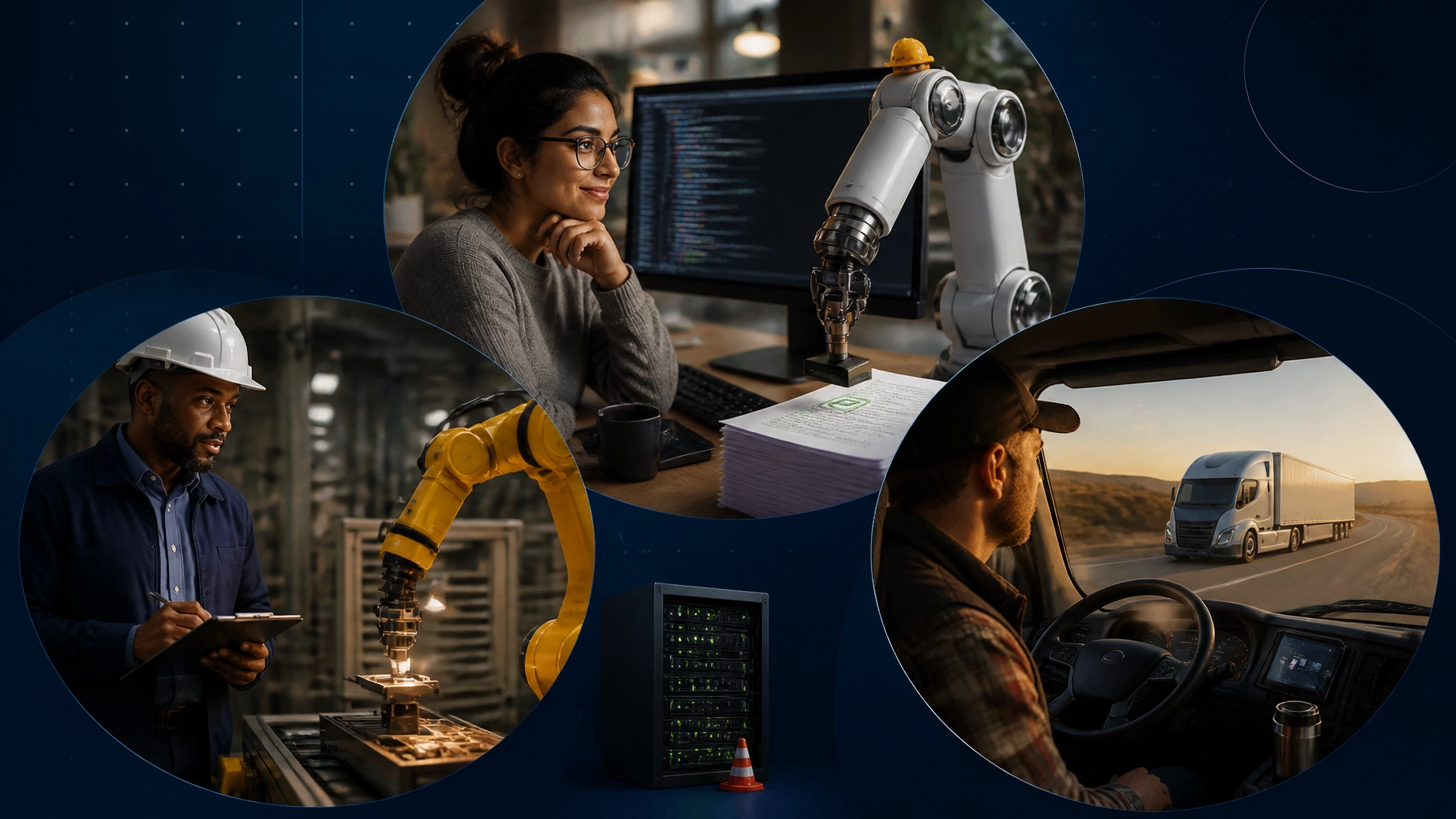 AI and automation reshape coding, factory production, and trucking while people retain the responsibility for judgment and execution