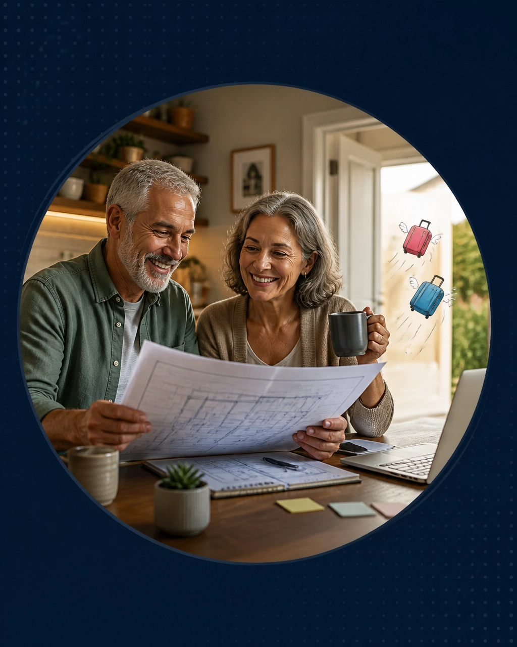 Older couple planning a new business at a kitchen table while two tiny suitcases humorously fly out the door