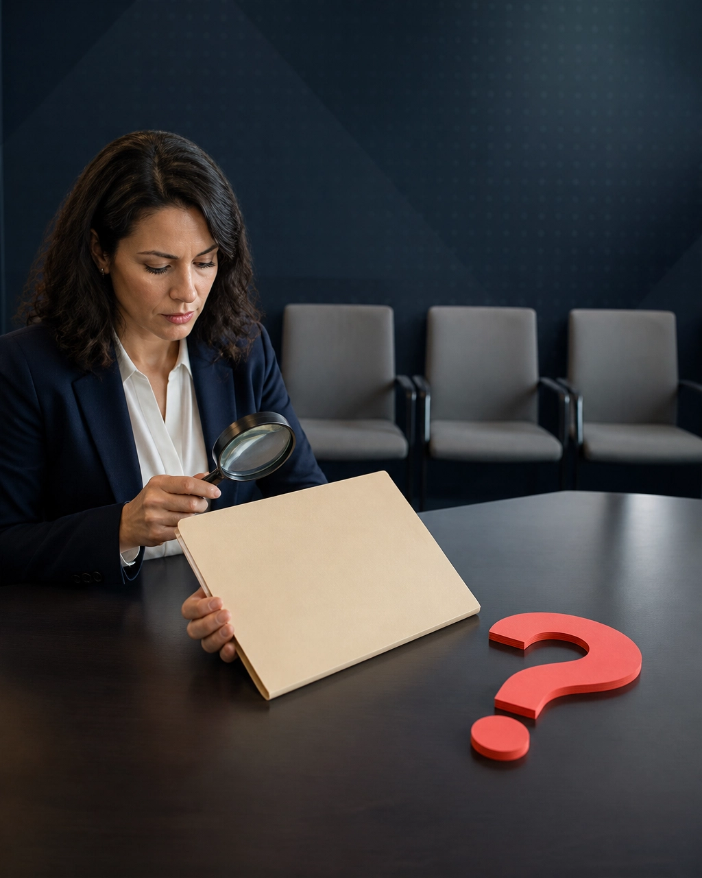 A professional investigator examines a blank franchise folder with a magnifying glass while three empty interview chairs and an oversized question mark reinforce the need for validation