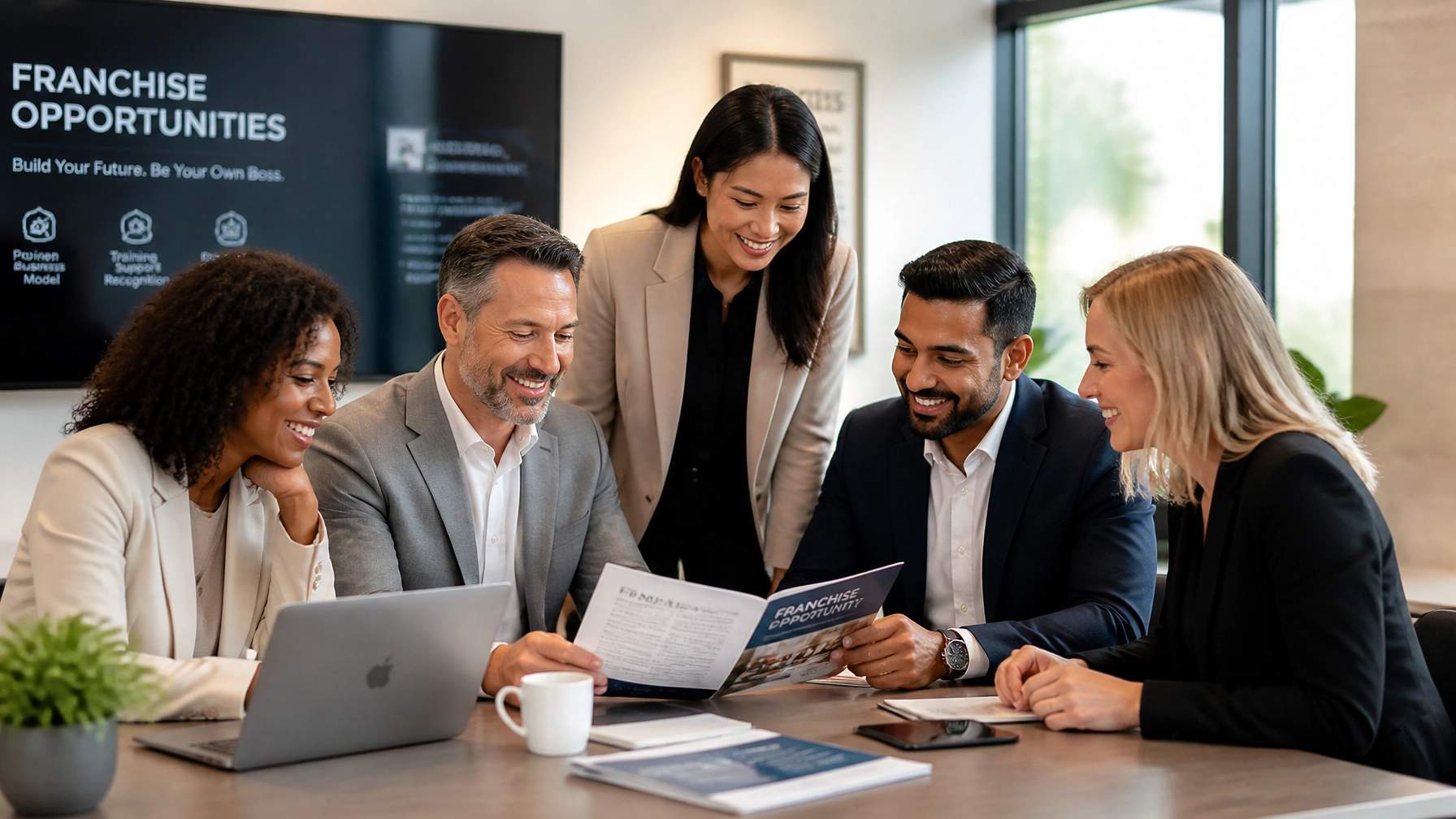 A diverse group of professionals collaborating in a bright modern consultation room