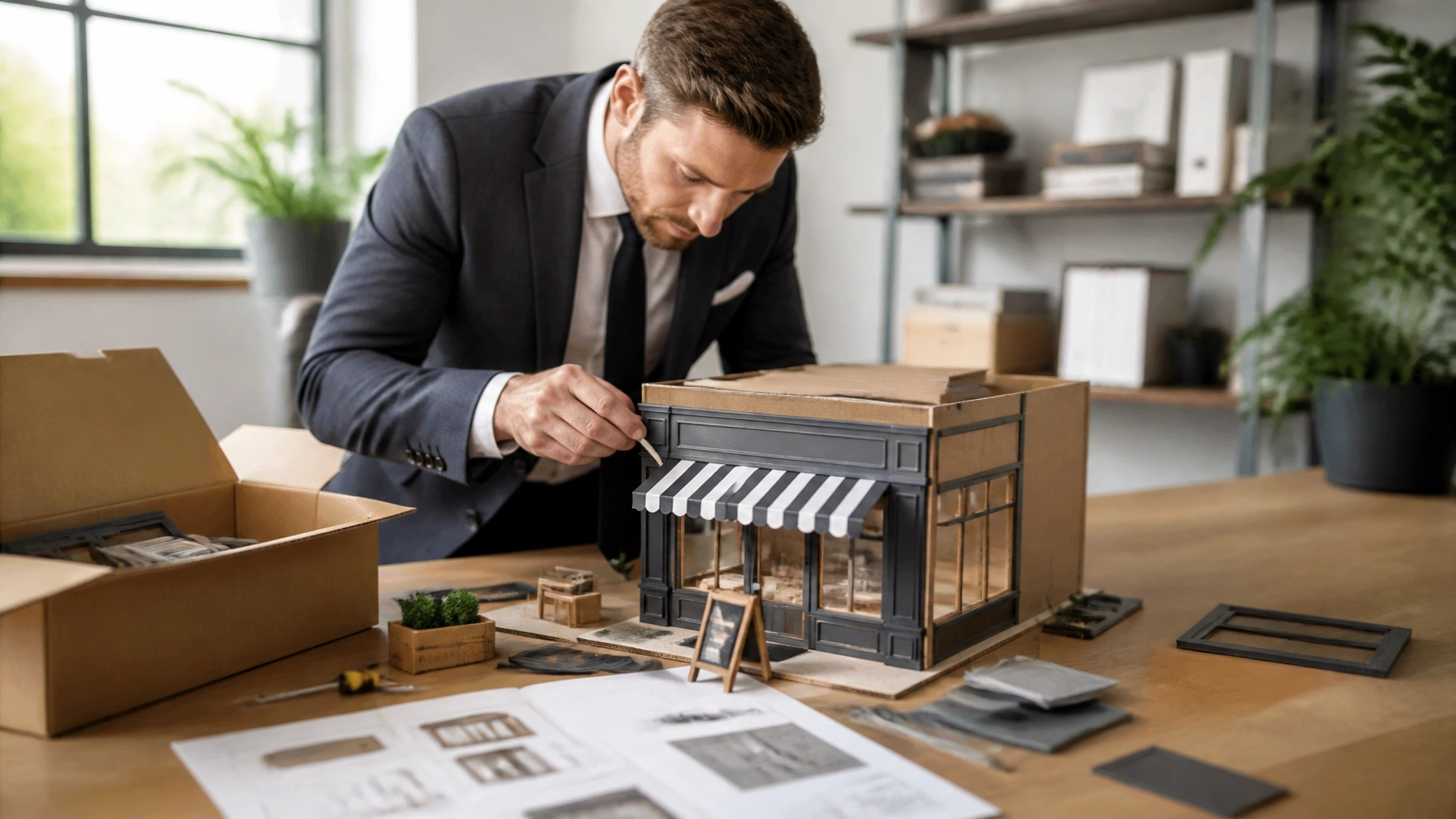 A business owner assembles a business-in-a-box storefront like flat-pack furniture on a worktable