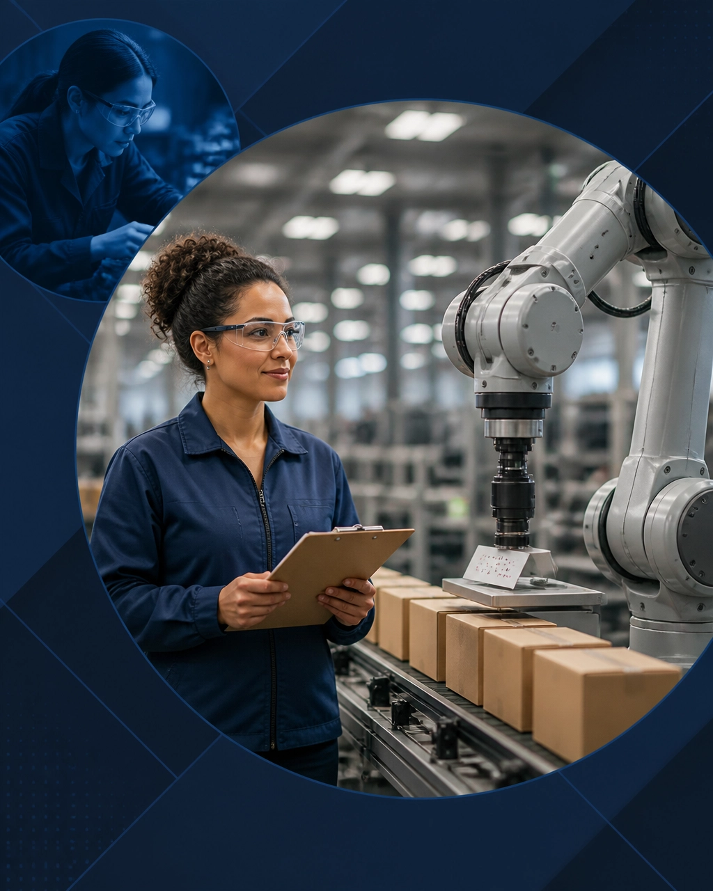 A manufacturing supervisor studies a robot-operated production line while managing quality and judgment from the factory floor