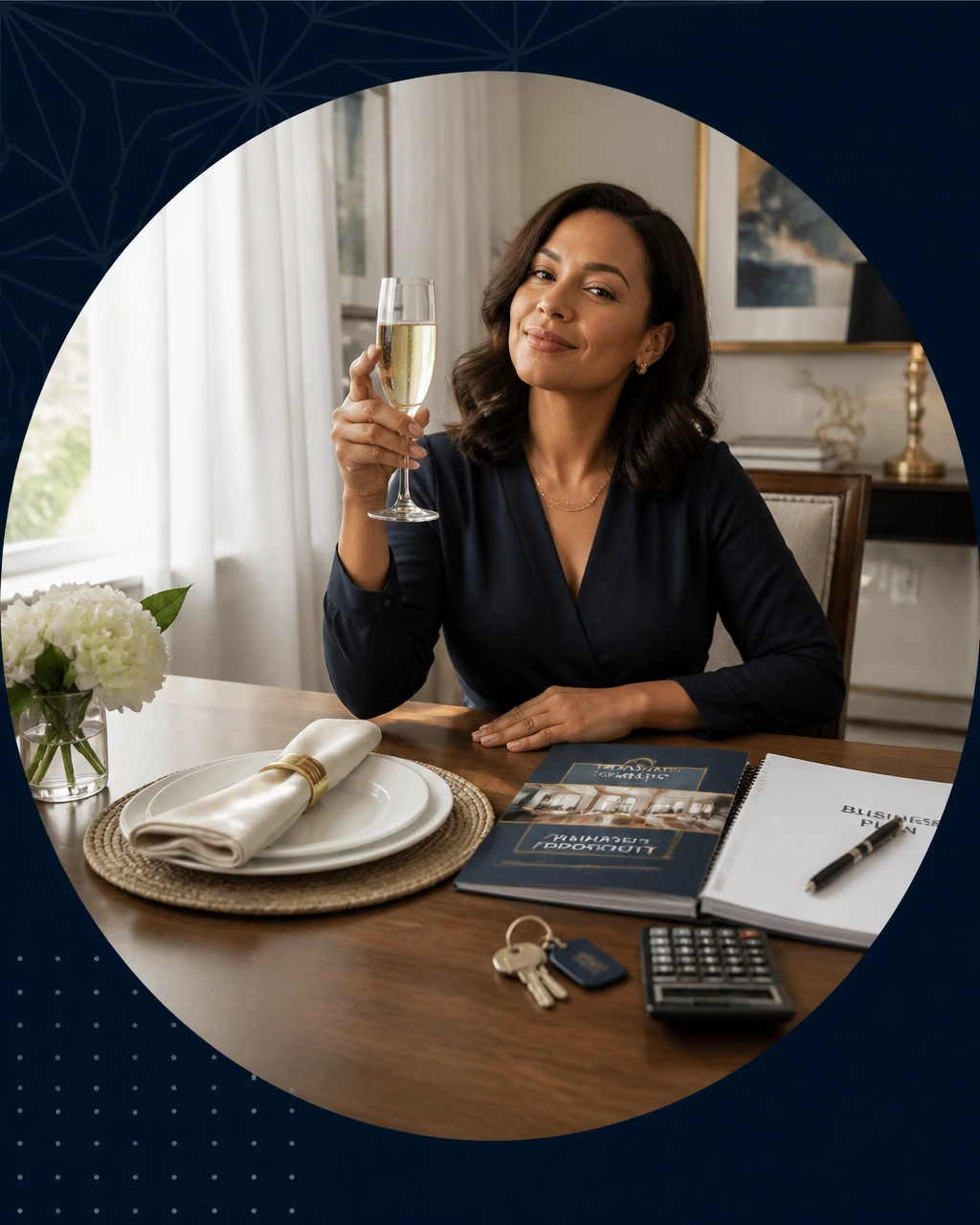 Confident entrepreneur celebrating herself at a table set for one with a franchise plan and champagne toast