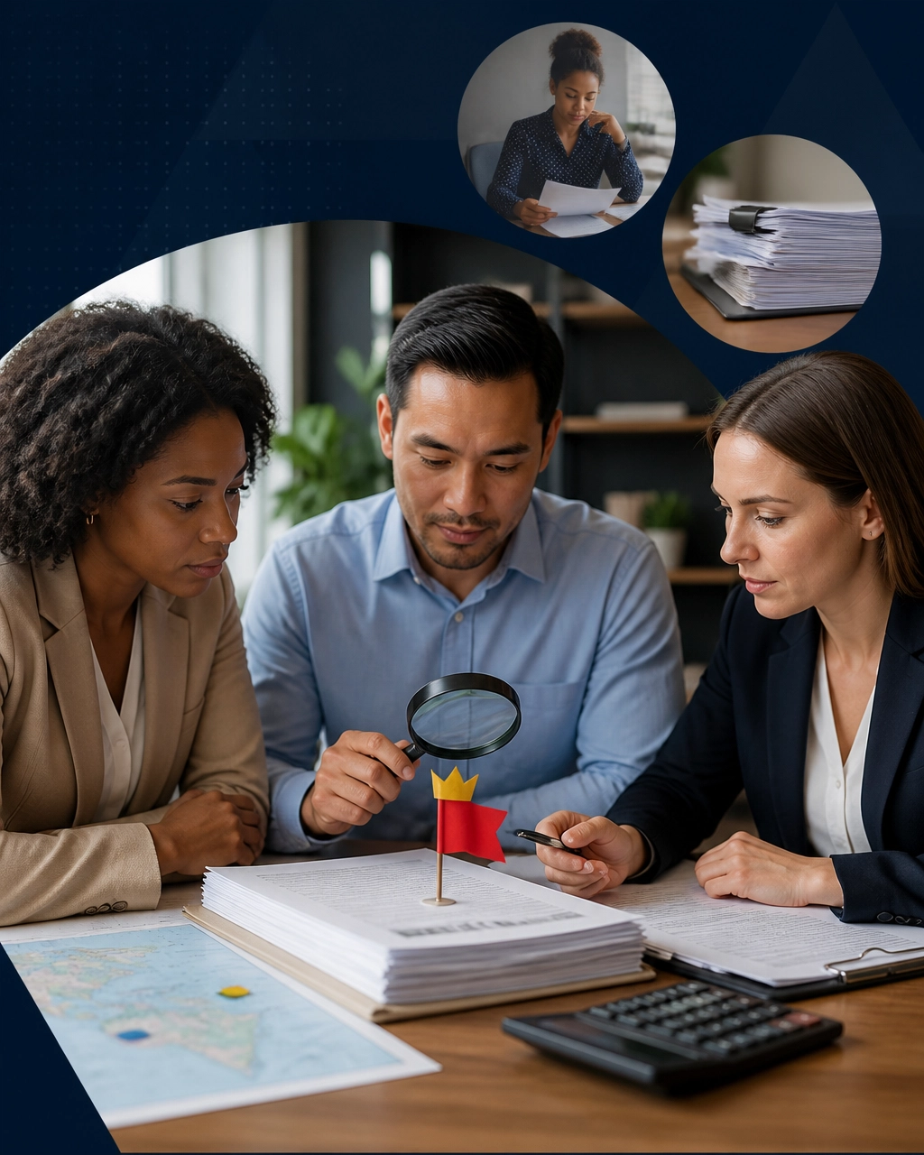 Prospective franchise owners and advisors examining an FDD, market map, calculator, and a red-flag detail under a magnifying glass