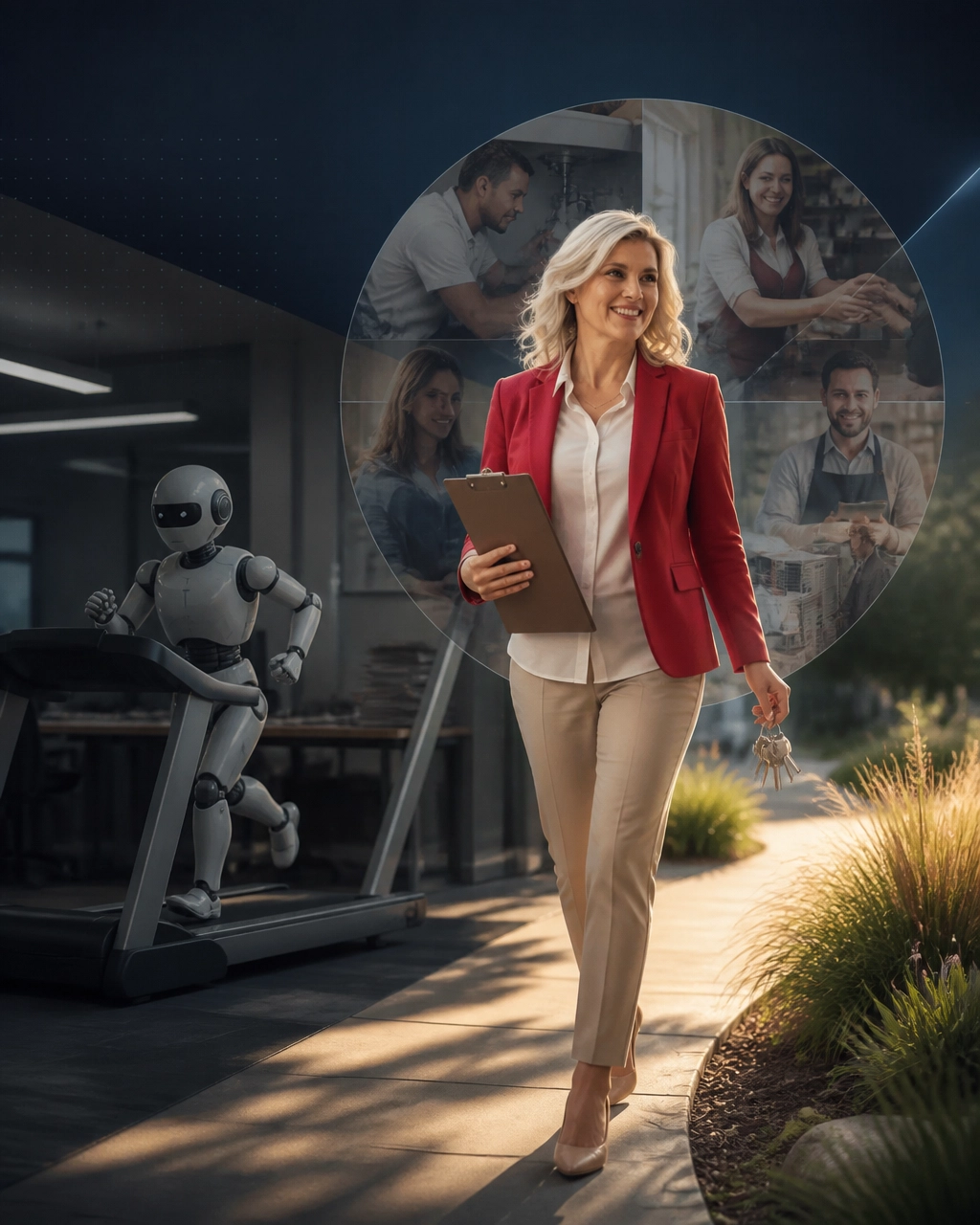 A professional steps from a corporate treadmill toward a local service business while a small robot struggles to keep running