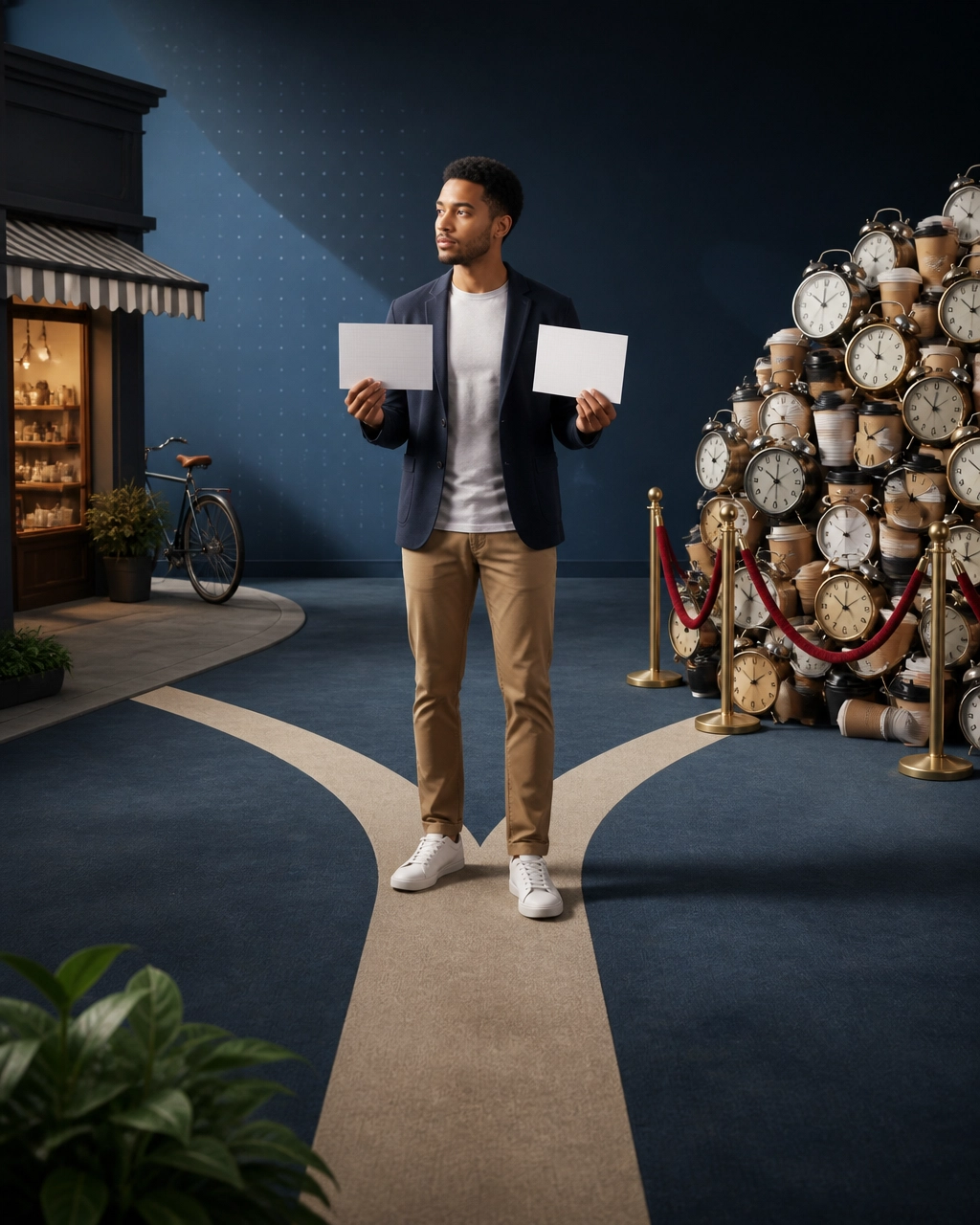A professional stands at a fork in an office floor plan, choosing between a calm storefront path and a comically overcrowded path filled with clocks and coffee cups