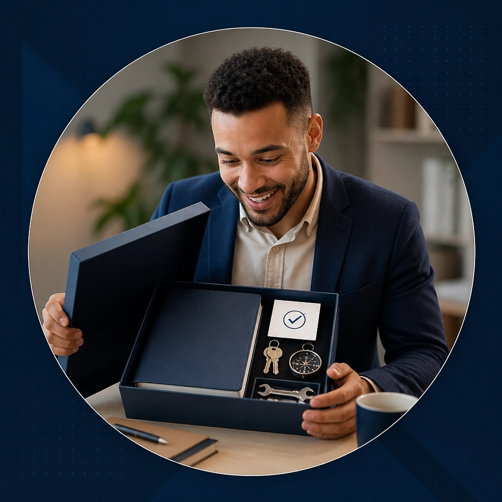 Professional entrepreneur opening a business-in-a-box kit containing a manual, keys, and tools