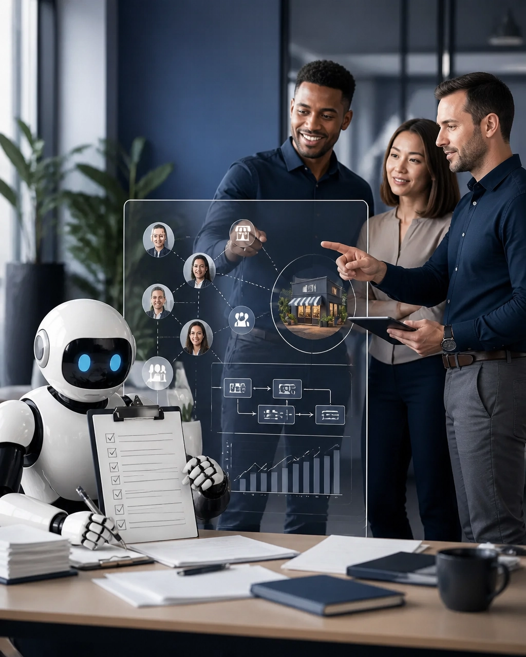 Fictional professionals evaluating how AI tools support human decisions and a local franchise business