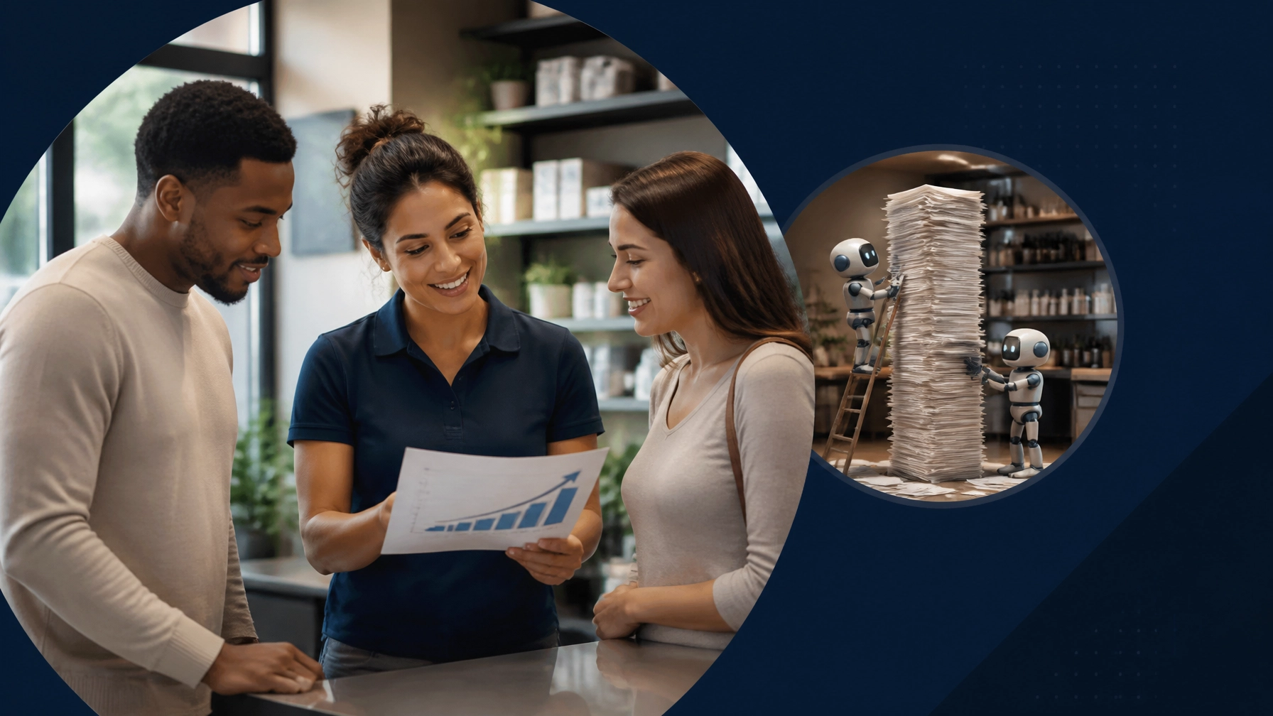 A smiling franchise owner reviews a growth plan with customers while robots scramble to organize an absurd stack of paperwork