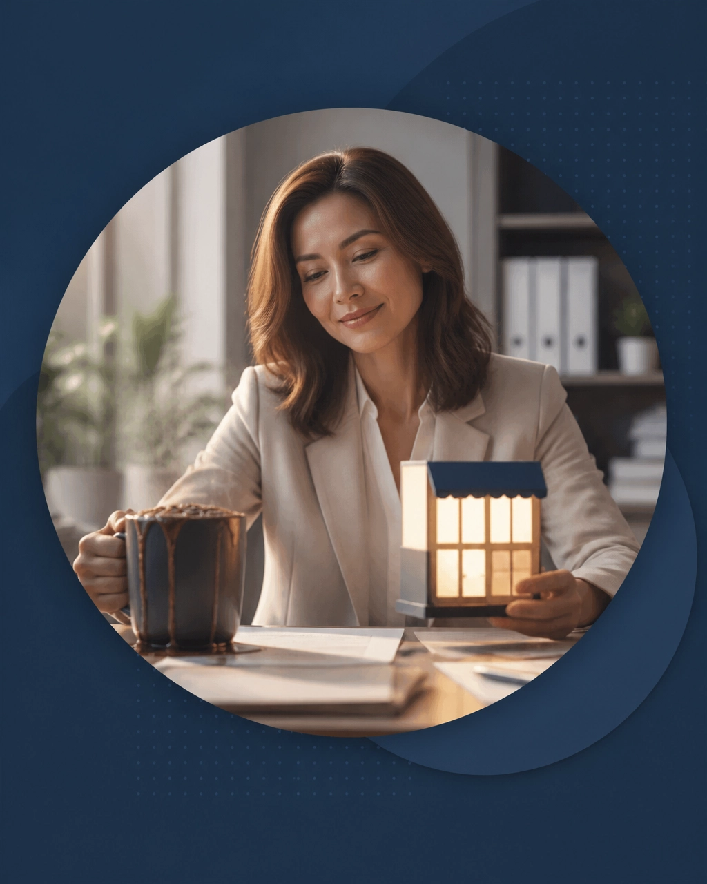 A professional woman replacing an overflowing coffee mug with a glowing storefront-shaped lamp, a humorous metaphor for replacing burnout with direction