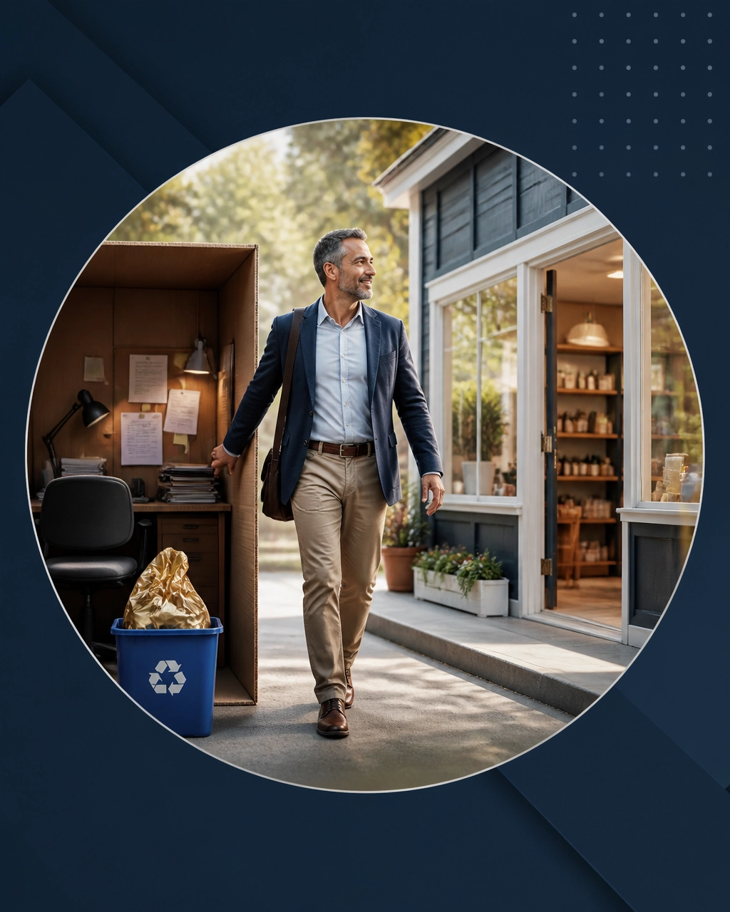 Professional stepping from a small office cubicle toward a neighborhood storefront, with a golden parachute in a recycling bin