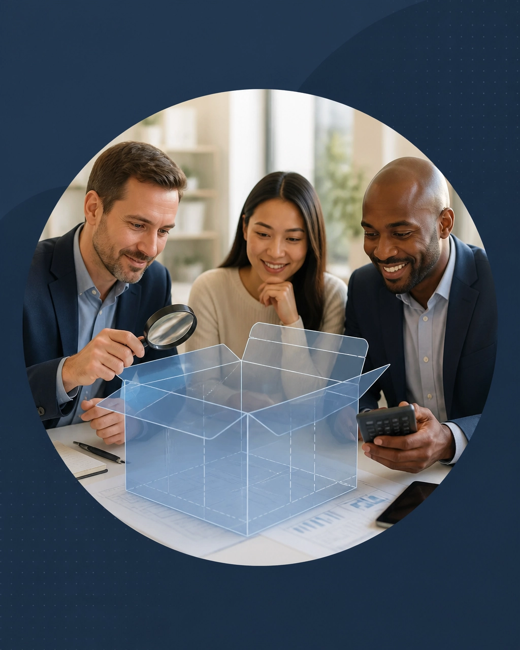 Three diverse professionals examine a transparent blueprint shaped like a sturdy cardboard box while reviewing costs and details