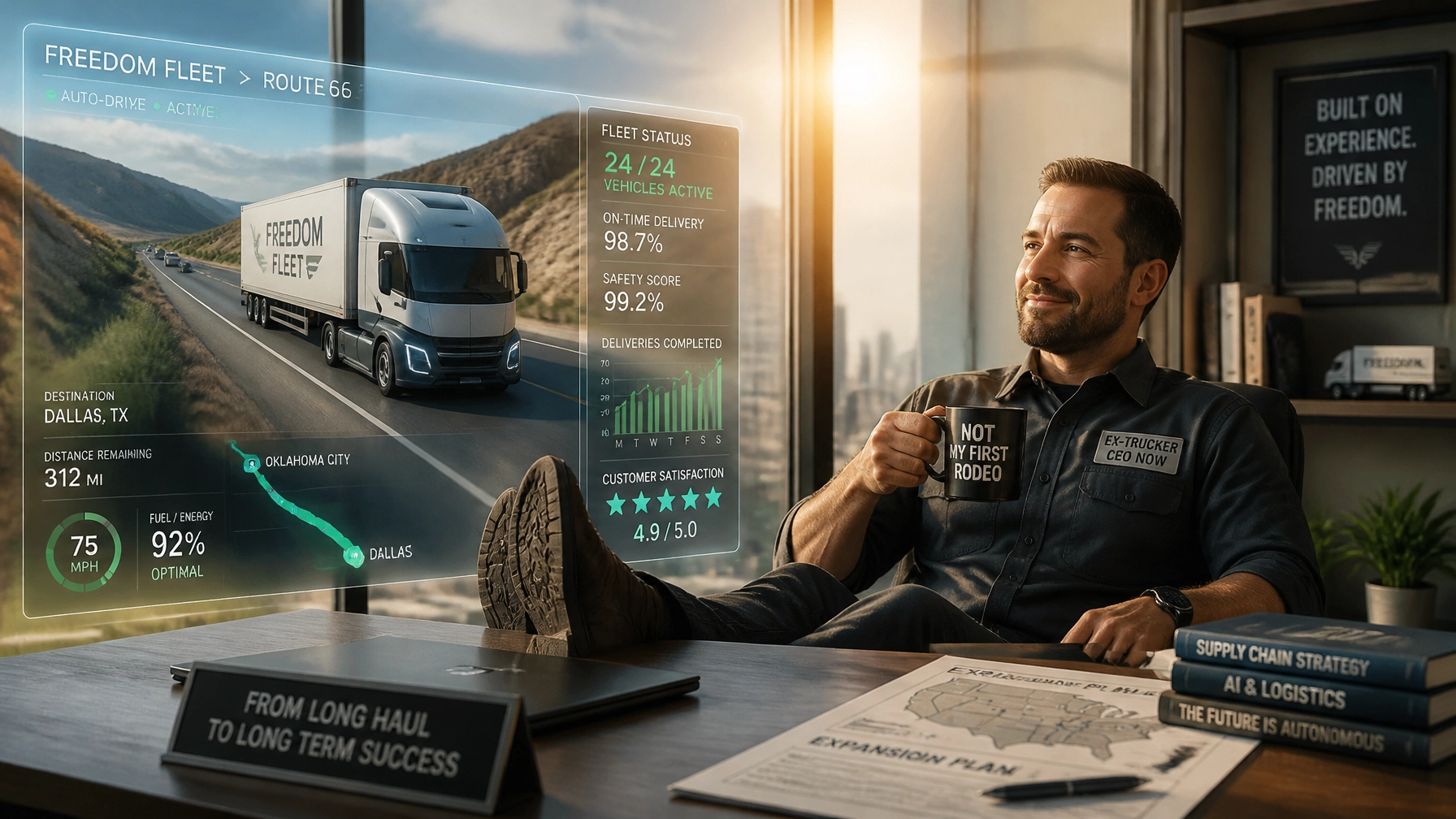 An autonomous delivery truck on the highway alongside a modern office worker reviewing business plans