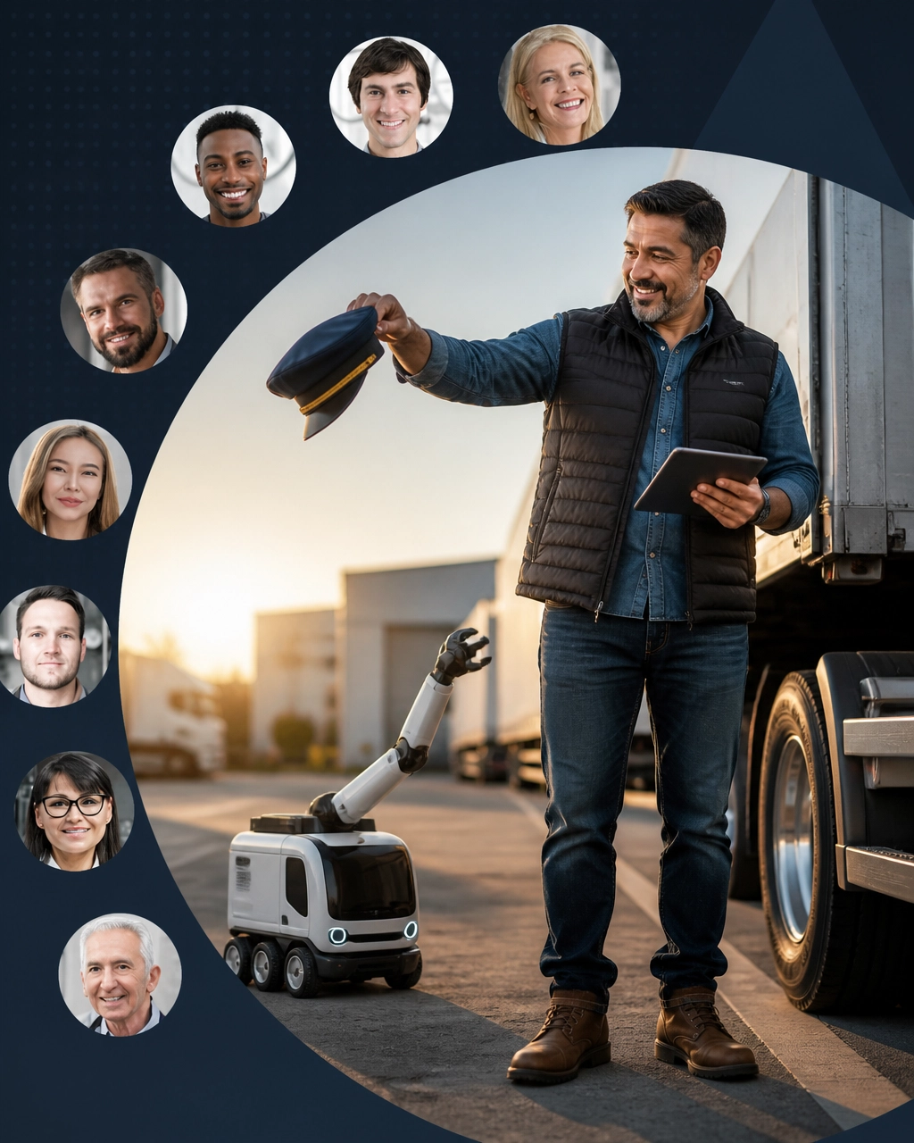 Logistics professional protects his captain’s hat while a small autonomous delivery vehicle tries to steal it
